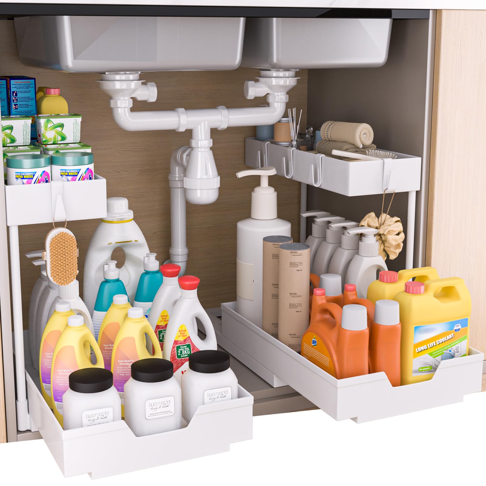 NATURES SOURCE 2-Tier Under Sink Organizers and Storage 2 Pack Sliding L-shape Under Cabinet Organizers For Narrow Space Multi-