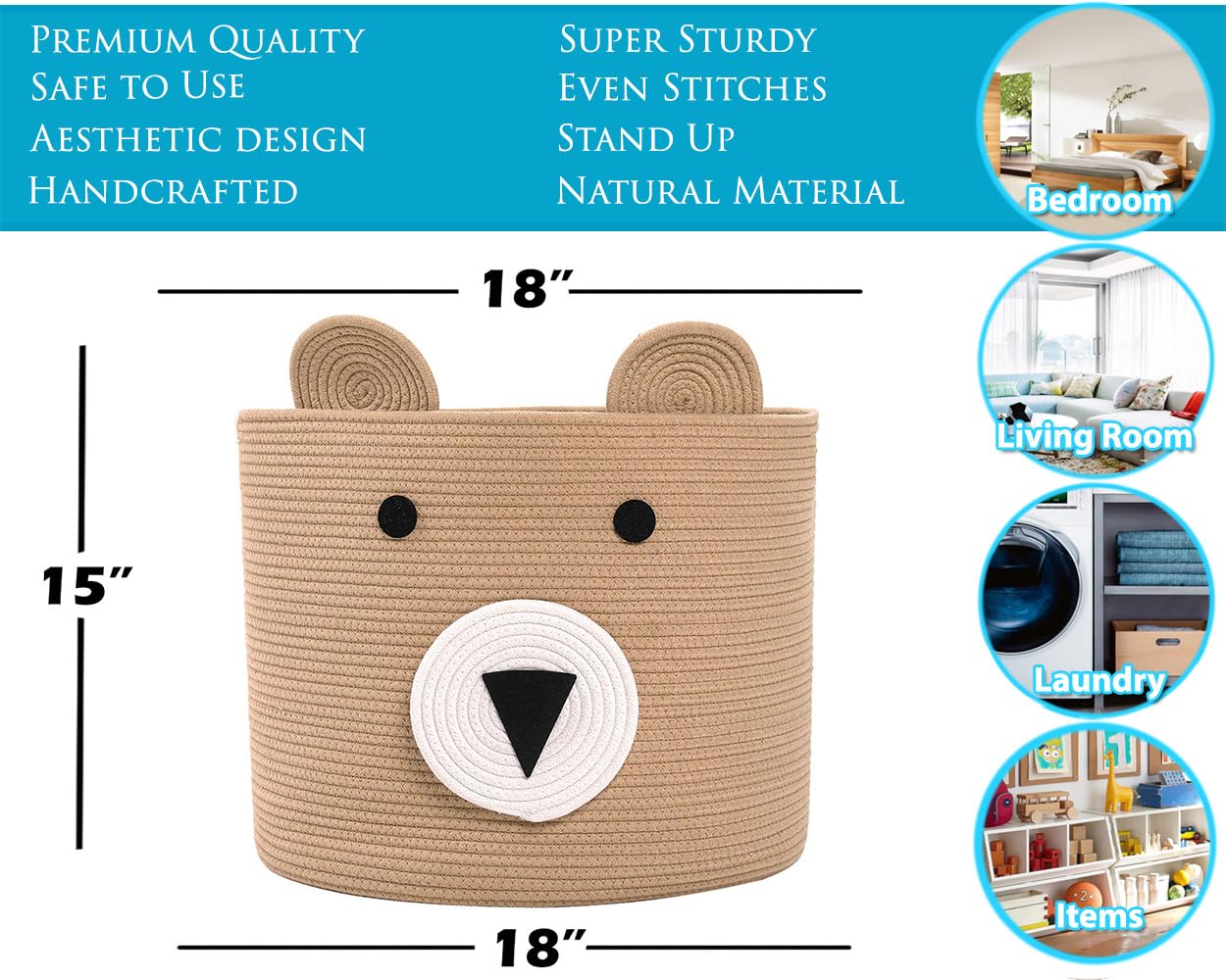 Bear Basket, Animal Basket, Large Cotton Rope Basket, Large Storage Basket, Woven Laundry Hamper, Cloth Storage Bin, For Clothes