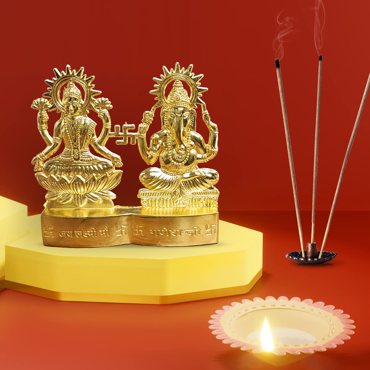 Shubhanjali Gold Plated Laxmi Ganesh Idol Showpiece (4 Inch), Metal Lakshmi Ganesh Statue for Diwali, Home Dcor, Golden