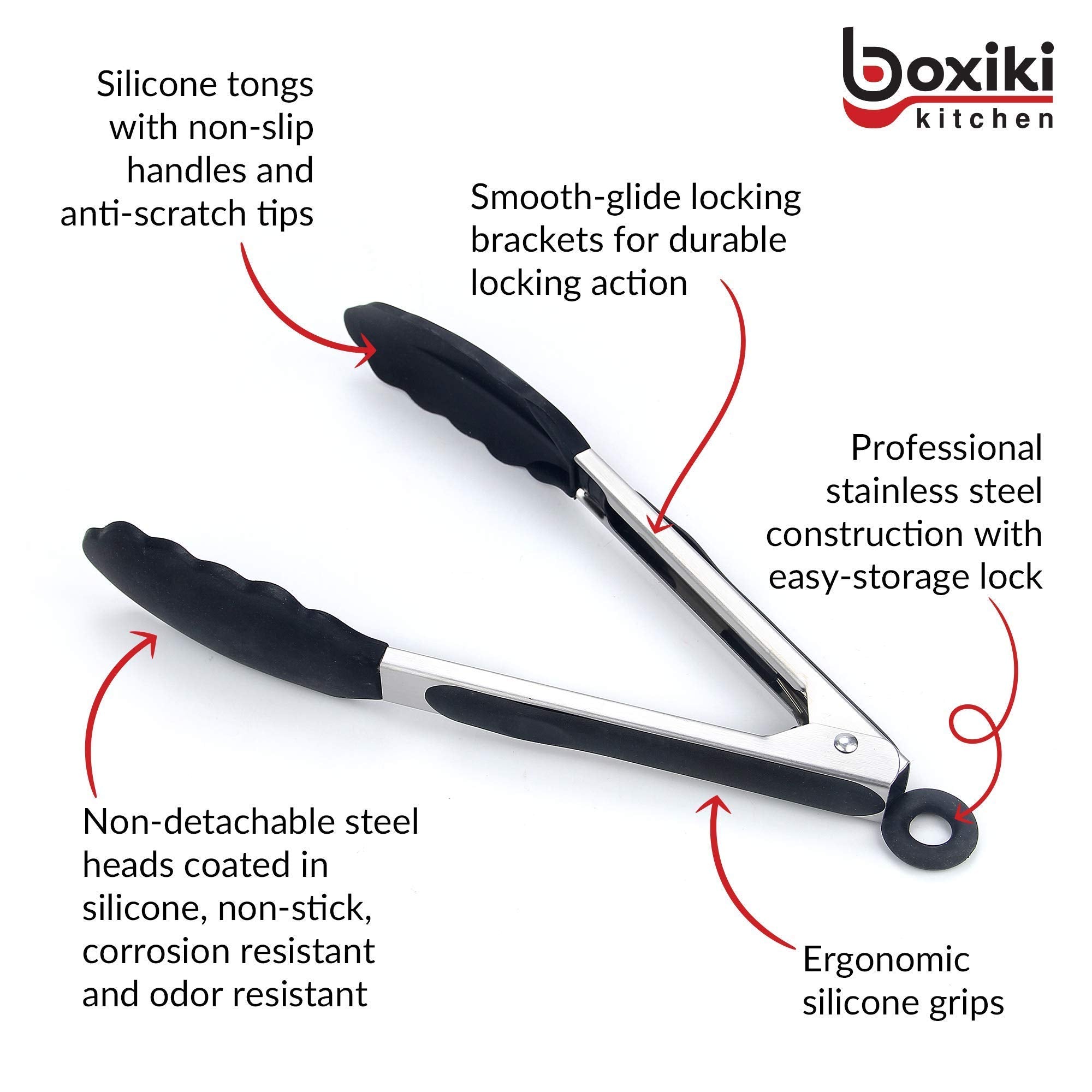 Kitchen Tongs For Cooking With Silicone Tips By Boxiki Kitchen, Bpa Free Stainless Steel Set Of 2 Silicone Tongs For Cooking, Gr