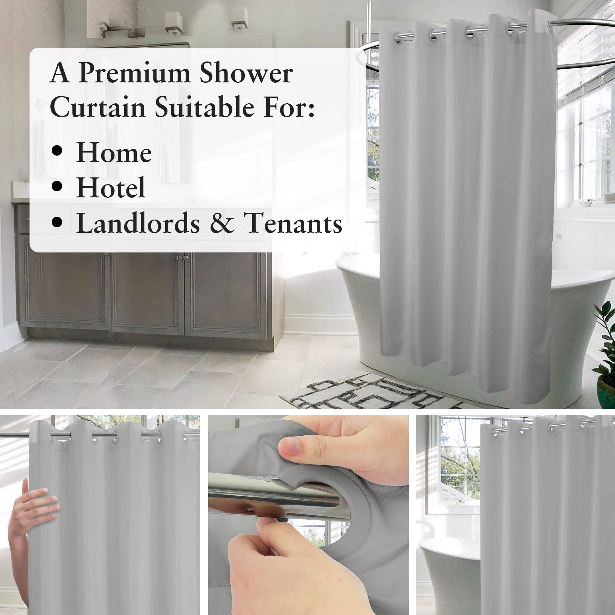 River Dream No Hook Grey Shower Curtain Soft Microfiber & Waterproof - Fabric Shower Curtain Or Liner, Washable & Bottom Magnets