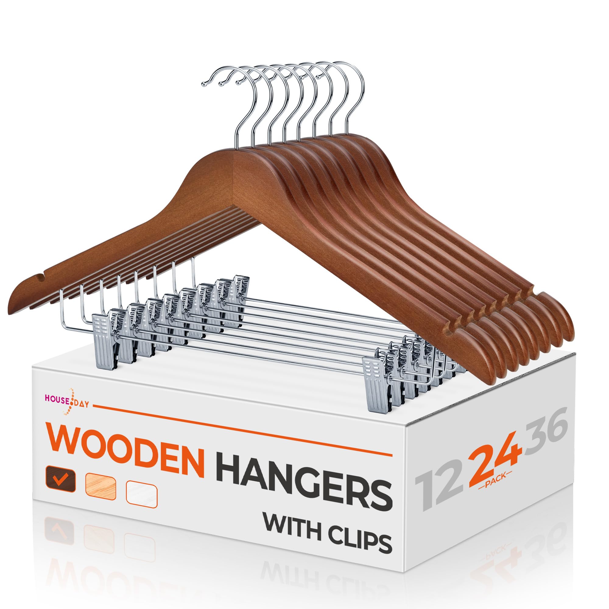 House Day Wooden Hangers With Clips 24 Pack, Walnut Wooden Suit Hangers Skirt Hangers Solid Wood Pants Hangers Natural Smooth Fi