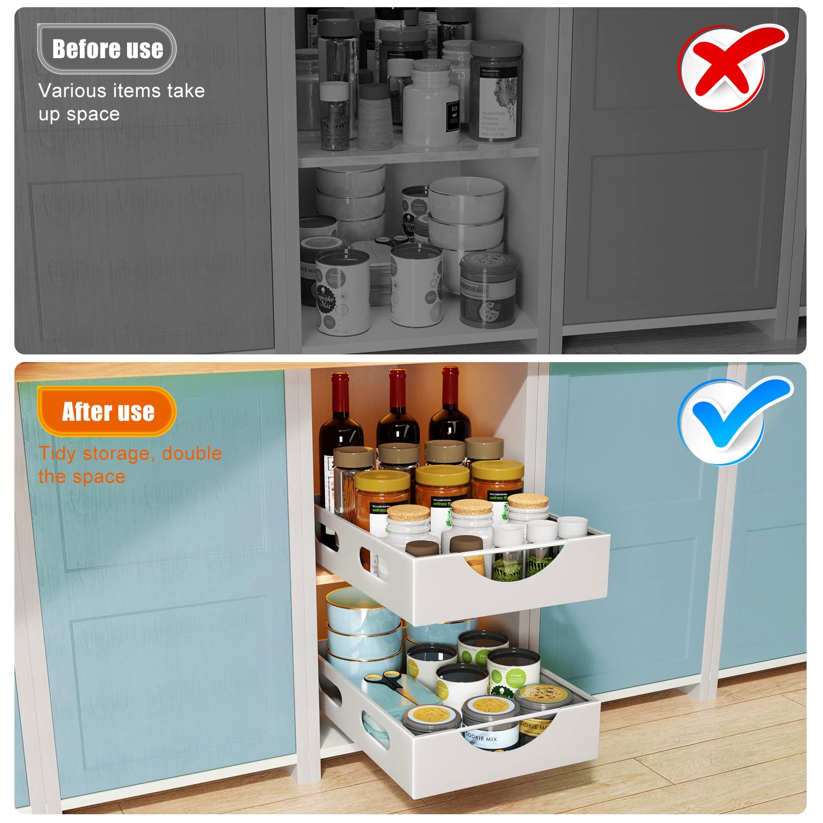 Caktraie Pull Out Cabinet Organizer Fixed With Adhesive, Slide Out Drawer Storage Shelves - 10.8'' W X 15.15'' D Heavy Duty Pull