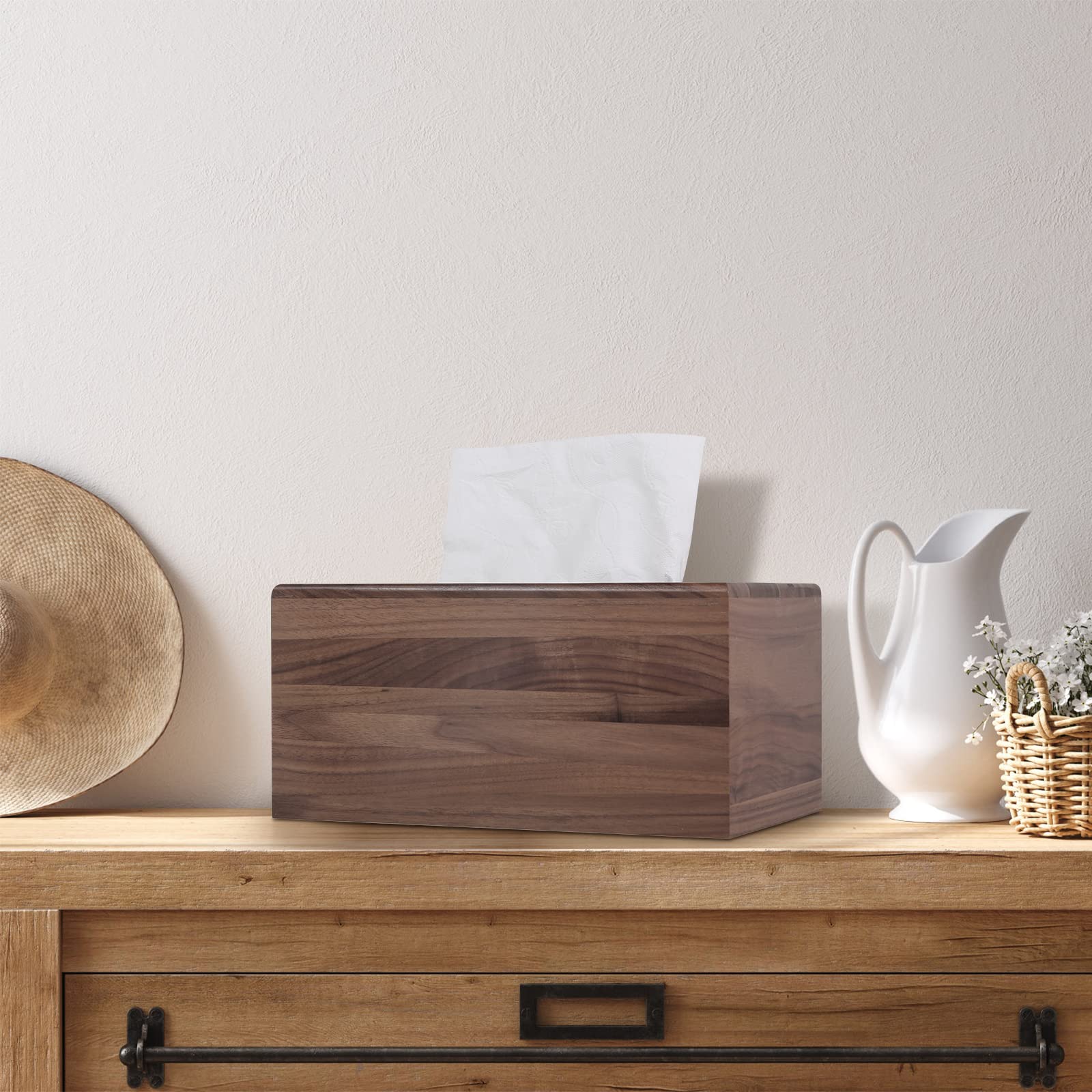 Reviaras Tissue Box Cover, Walnut Wood Tissue Box Cover With Slide-Out Bottom, Tissue Box Cover Rectangular For Bathroom, Bedroo