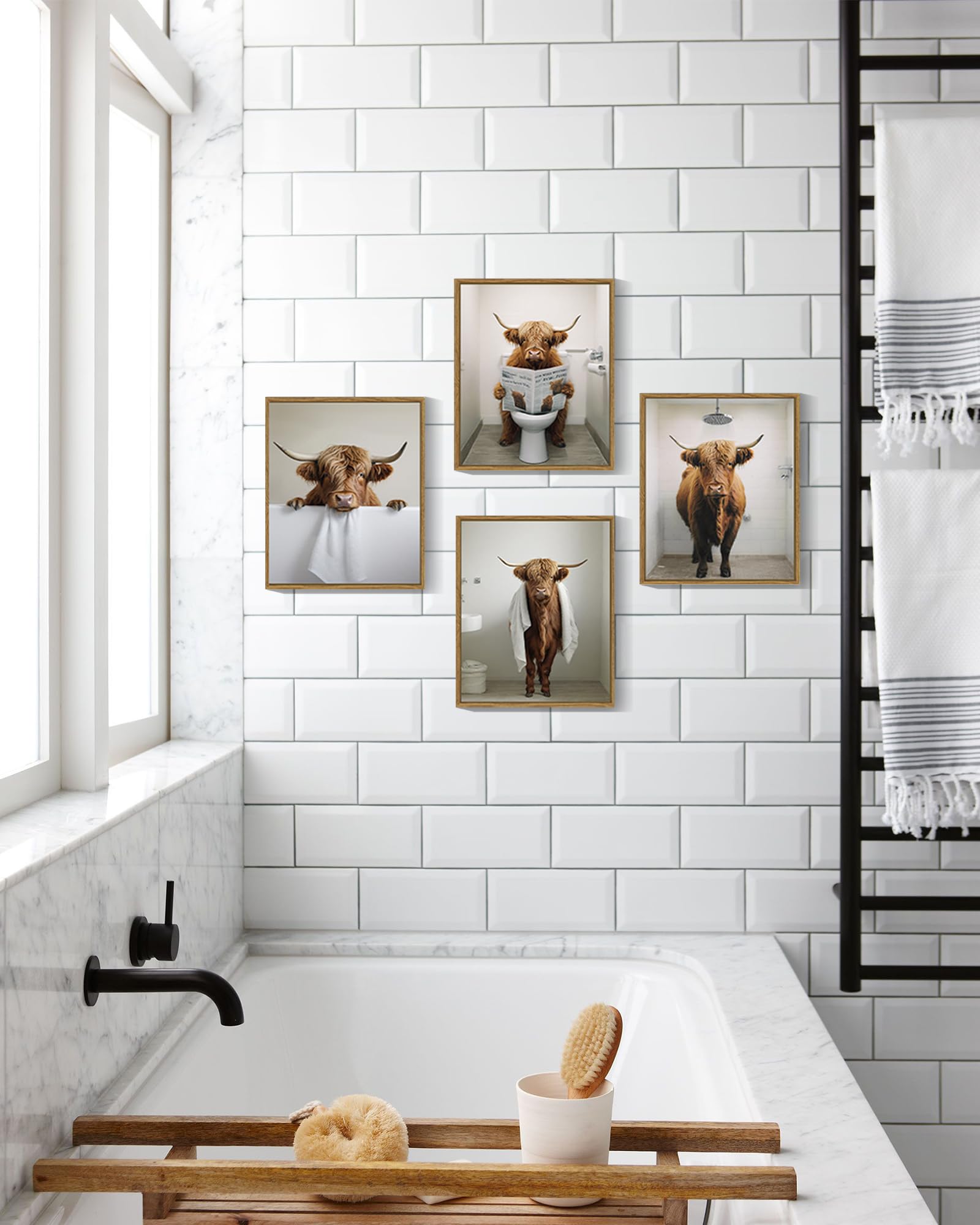 Funny Highland Cow Bathroom Wall Art Framed Rustic Cute Bathroom Canvas Prints For Bathroom Restroom Decor 8X10In (Framed)