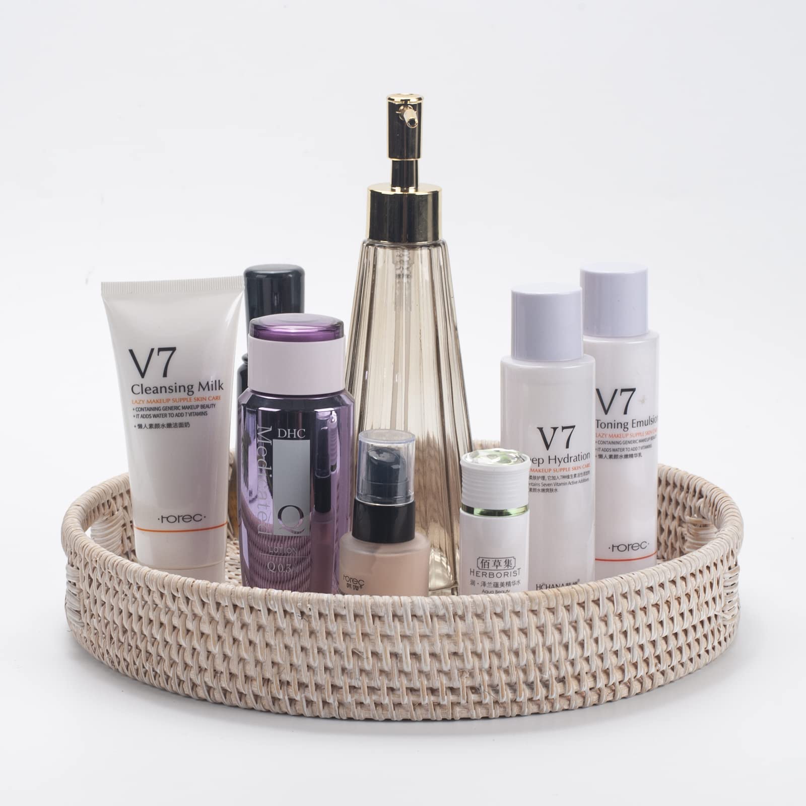 11.8 Inch Round Rattan Tray, Ottoman Tray, Woven Serving Tray With Cut - Out Handles, Wicker Serving Basket, Whitewash