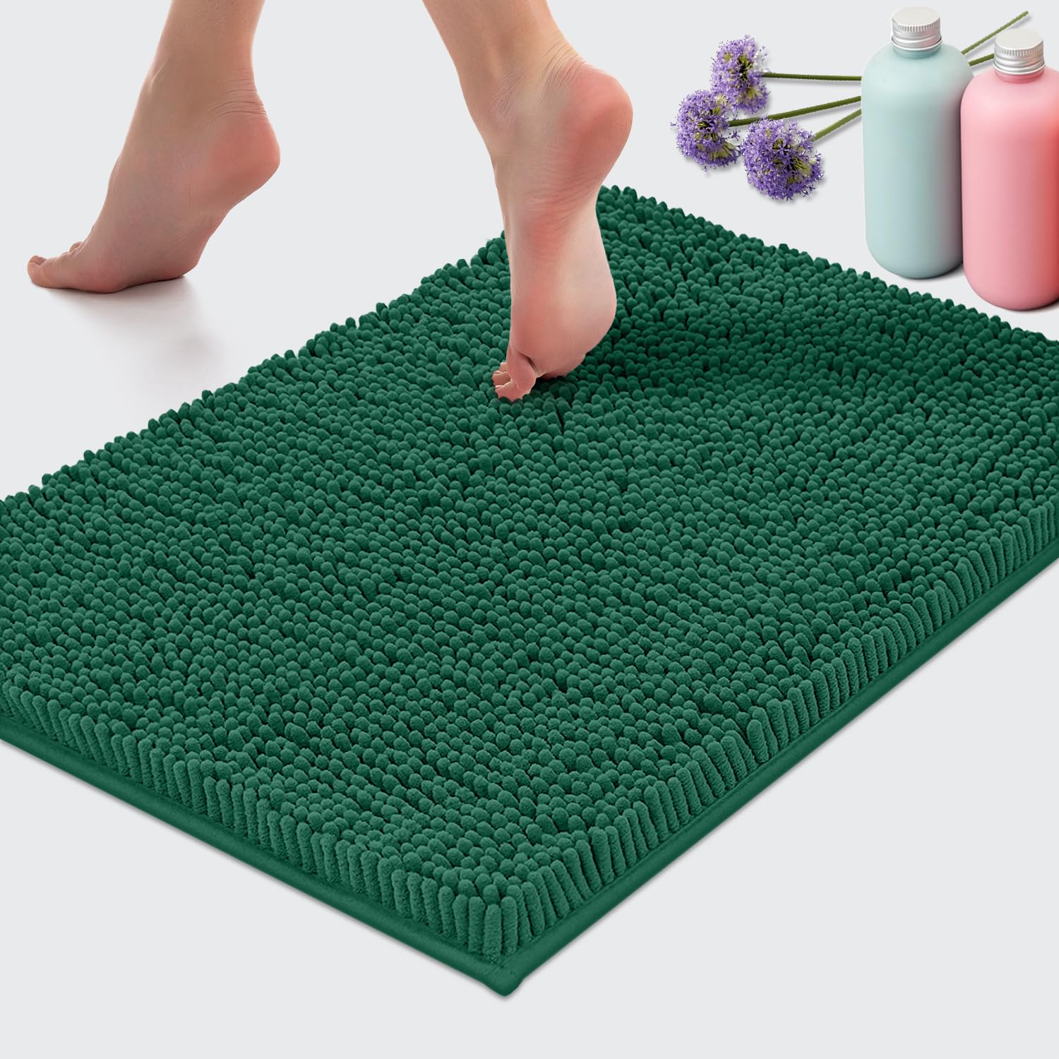 LuxUrux Green Bathroom Rug  Extra-Soft Plush Bath Shower Bath Mat  Chenille Microfiber Material  Super Absorbent Shaggy Bath Rug. Machine Wash & Dry (24 ' ' x 17 ' '  Kelly Green)