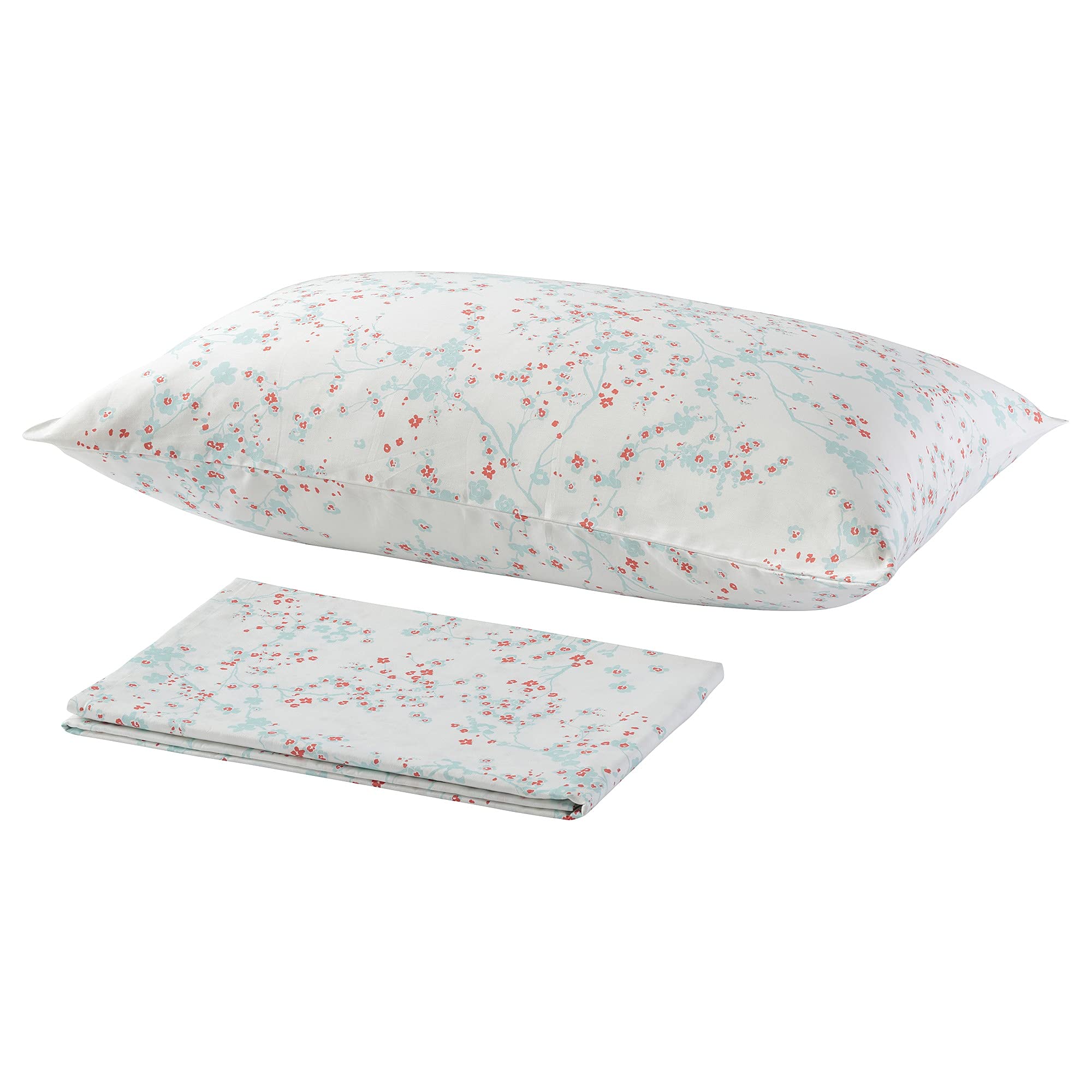 Ikea Flat Sheet And Pillowcase (Cherry Blossom Branch / White / Green, 150 X 260 / 50 X 80 Cm)(Cotton)