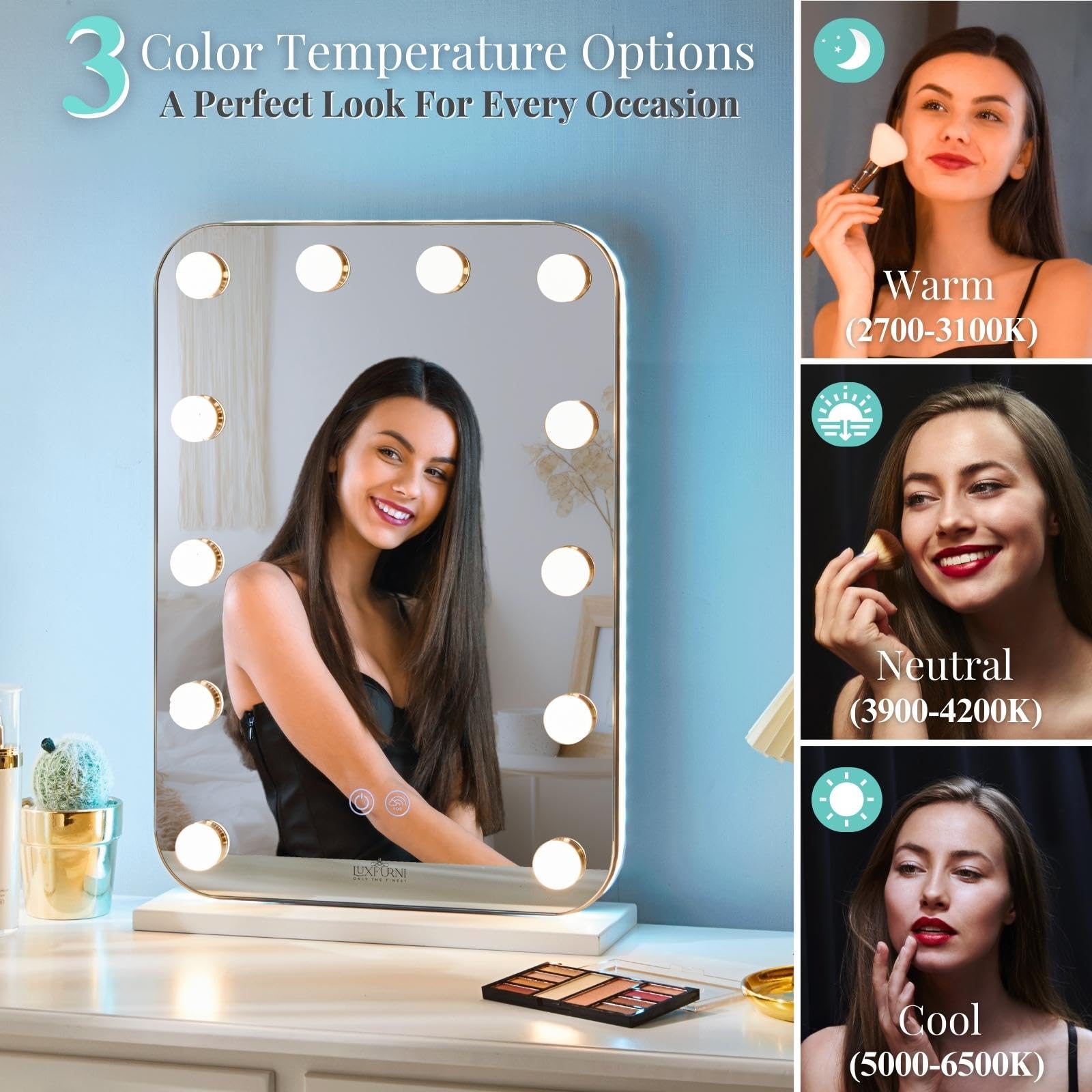 Luxfurni Vanity Mirror With Lights, Lighted Makeup Mirror With 14 Dimmable Bulbs, Tabletop Rgb Color Changing Led Mirror, 3 Colo
