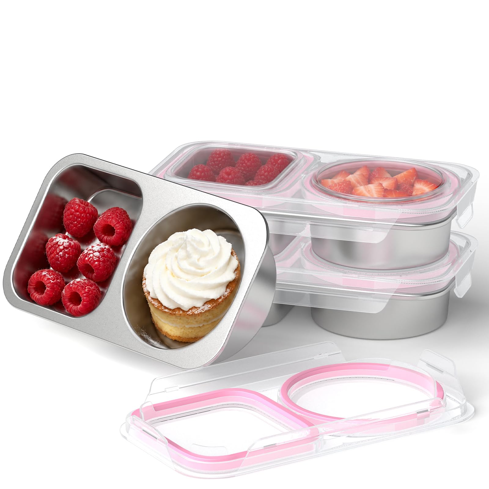ECGaze 3 Pack 15oz Stainless Steel Snack Containers, Reusable 2 Compartment Snack Box, Leakproof Metal Snack Containers Featuri