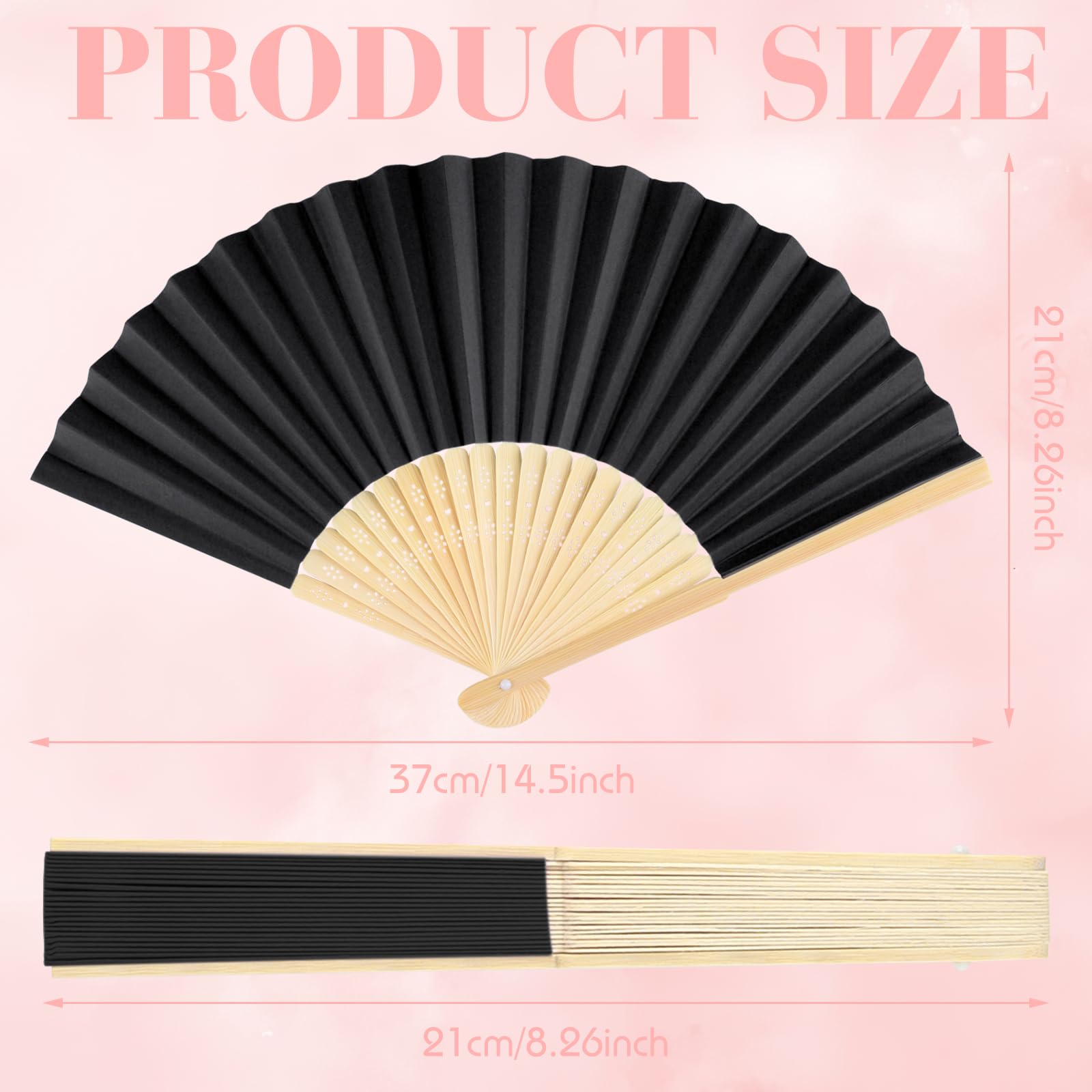 BOUBONI 48 Pieces Black Hand Held Bamboo Folding Fans Paper Fans Handheld for Women Foldable Girls Wedding Decoration Church Hom
