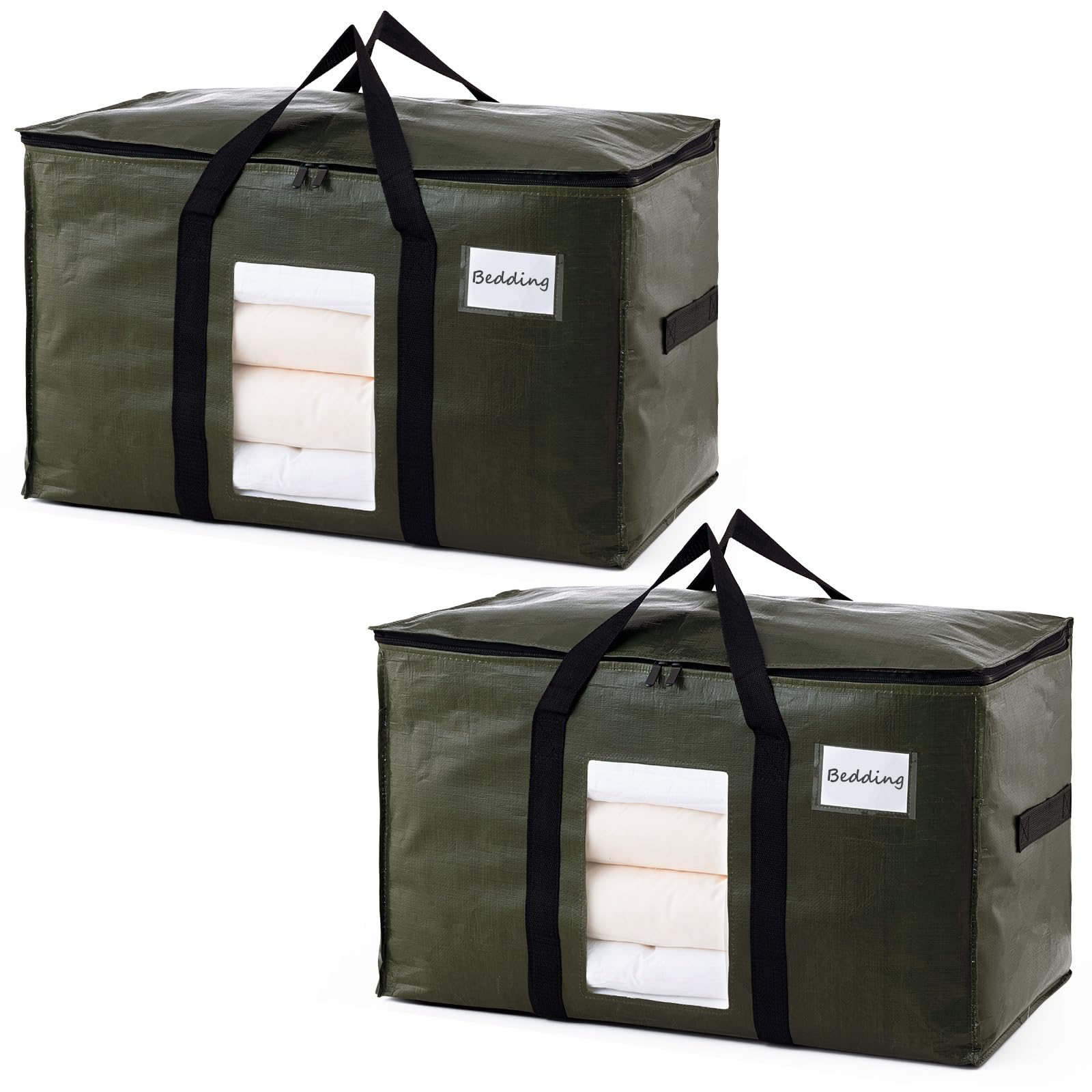 TAILI 2 Pack Green Extra Large Storage Bags, Heavy Duty Totes with Visible Window, Wrap Around Handles, Perfect for Moving