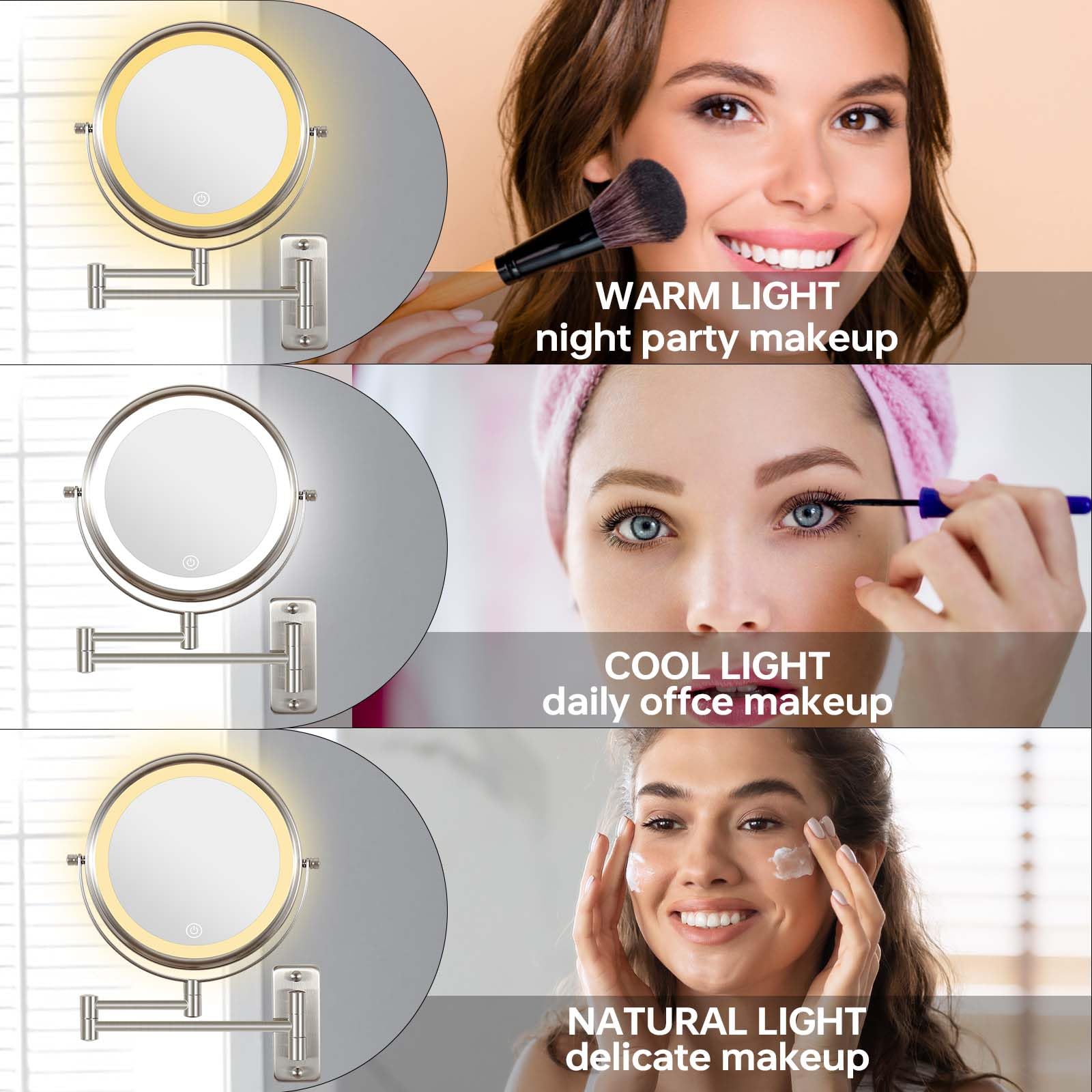 Lansi Rechargeable Lighted Makeup Mirror, 10X Magnifying Mirror, 3 Color Lights, Touch Screen Dimming, 360 Extendable Arm Wall M