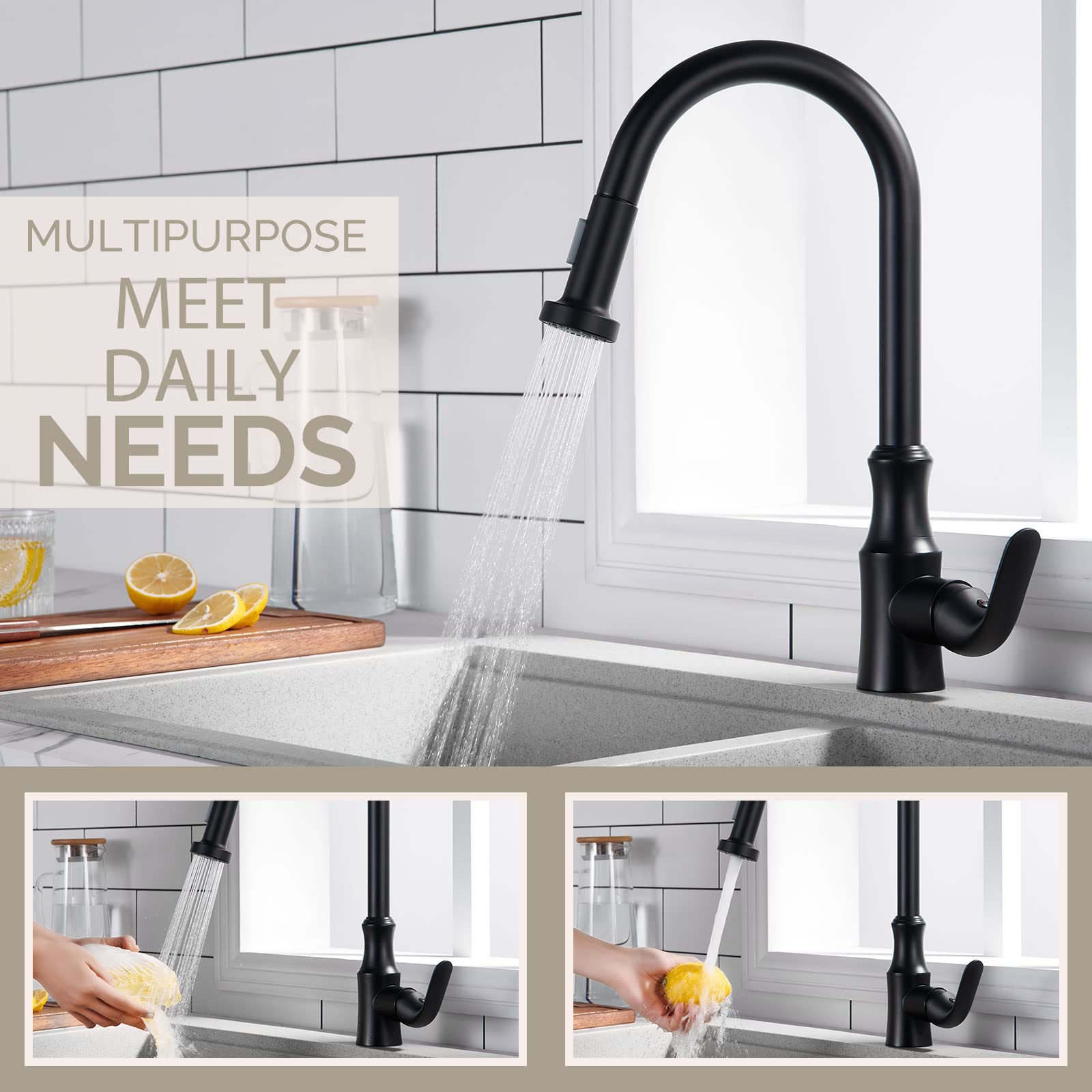 Faucet Spray Head Matte Black, Angle Simple Replacement Pull Down Sprayer, Sink Faucet Nozzle Sprayer With Stream And Spray Mode