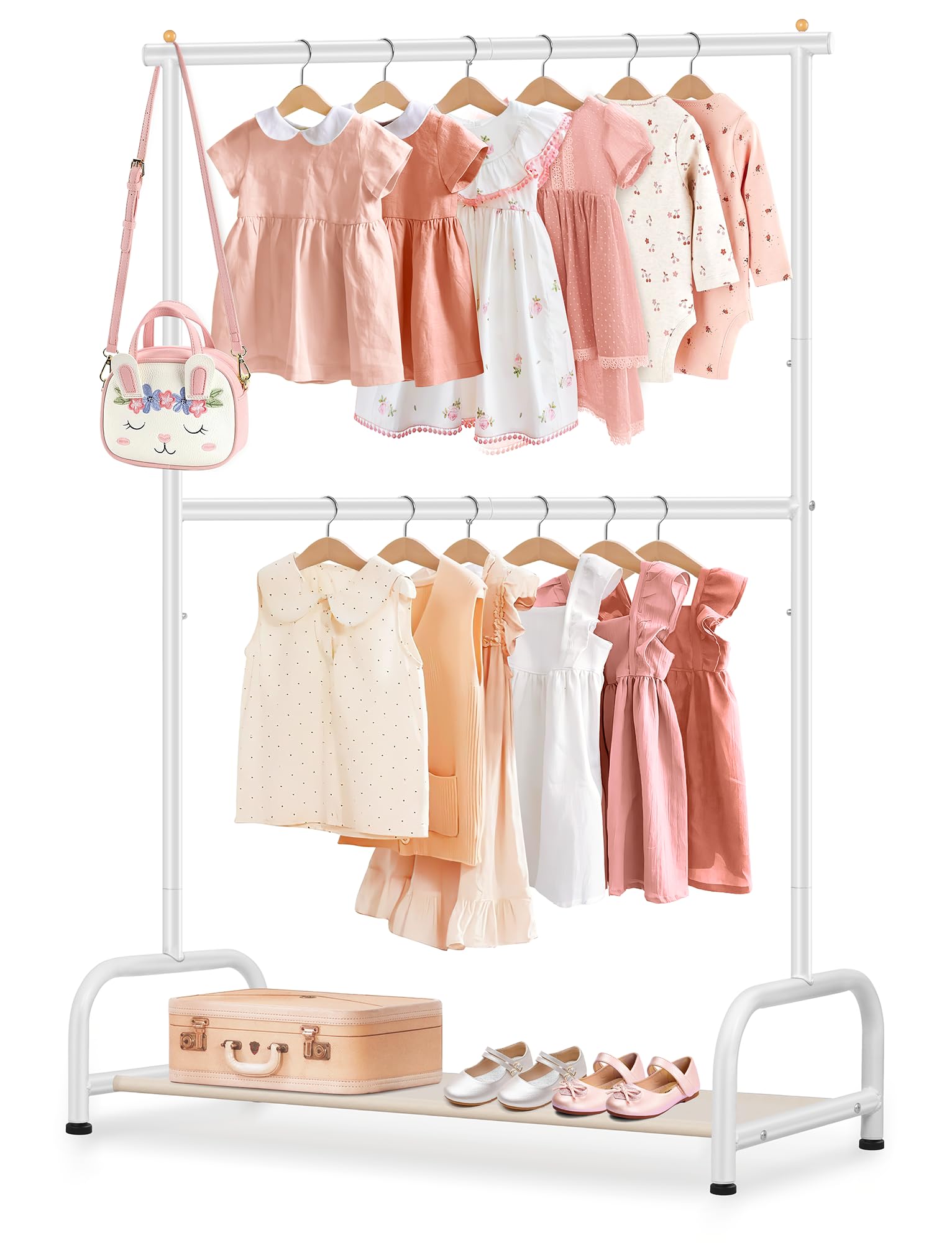 SLEEPING LAMB Double Rod Kids Clothes Rack, Small Toddler Clothing Rack with Bottom Storage Shelf for Baby Playroom Garment Rack
