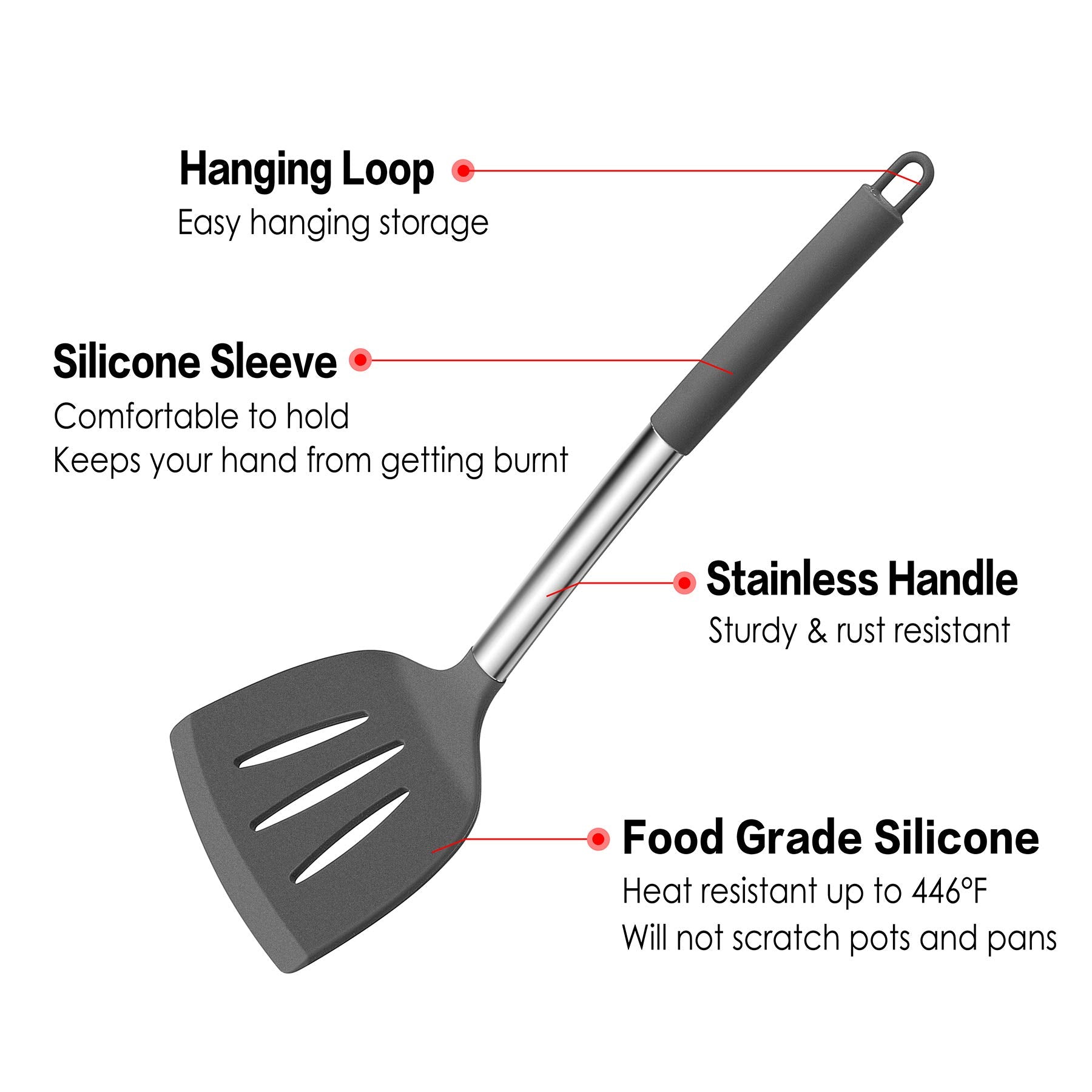LIANYU 15-Piece Cooking Kitchen Utensils Set with Holder  Silicone Kitchen Tools Stainless Steel Handle  Slotted Spatula Spoon Turner Tong Whisk Brush for Cooking  Gray