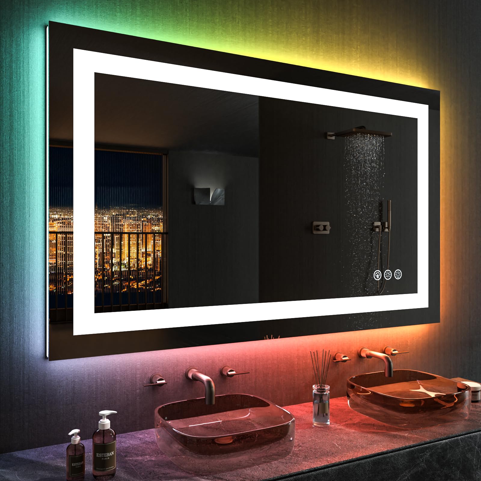 LOAAO 40''X24'' LED Bathroom Mirror with Lights  Anti-Fog  Dimmable  RGB Backlit + Front Lighted  Bathroom Vanity Mirror for Wall  Memory Function  Tempered Glass (Safe to Use)