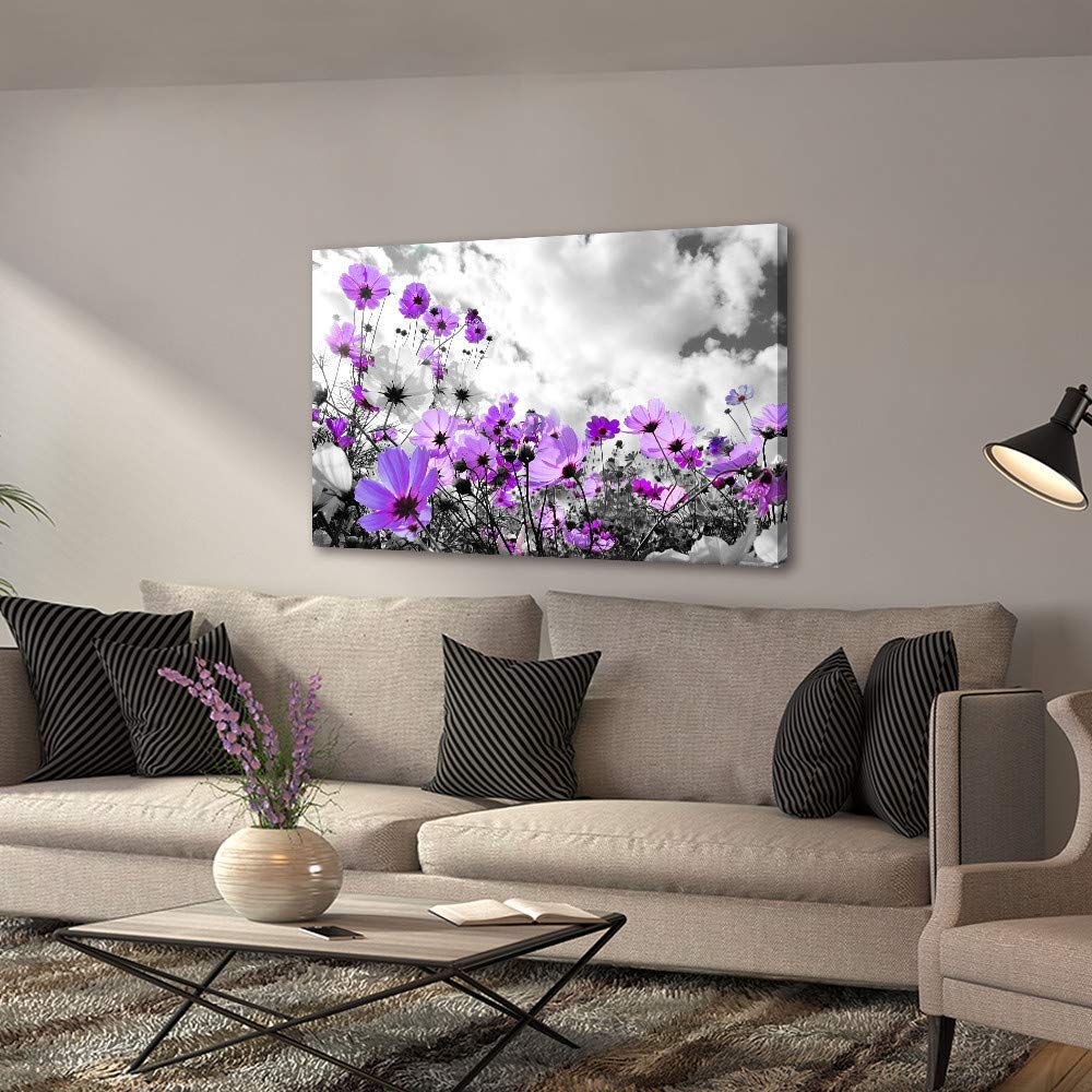 Modern Purple Flowers Canvas Art Wall Decor Black And White Framed Galsang Floral Prints And Posters Wall Hanging Decorations Re