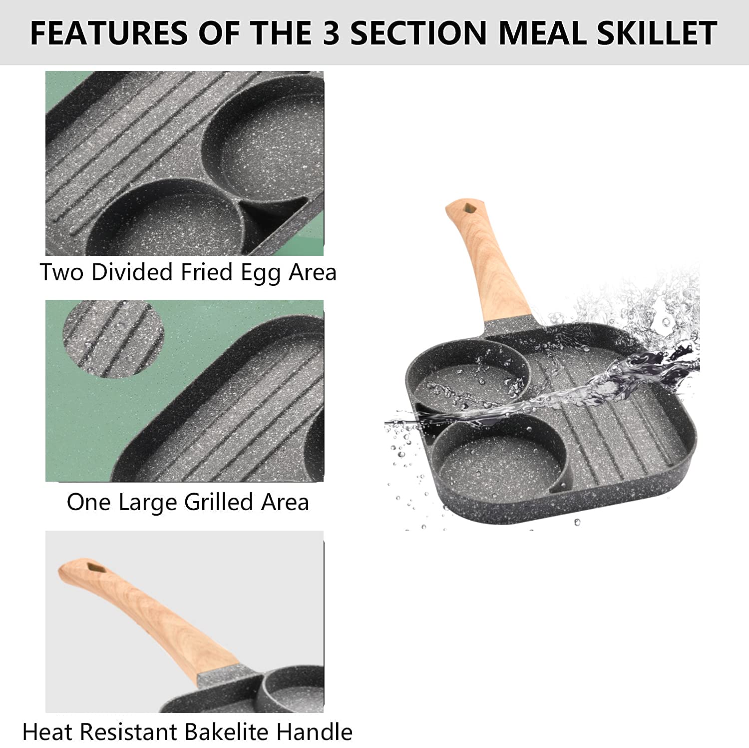 Justup Nonstick Egg Frying Pan, 3-In-1 Nonstick Pan Divided Grill Frying Pan, Heat Resistant Handle 3 Section Skillet Mini Panca