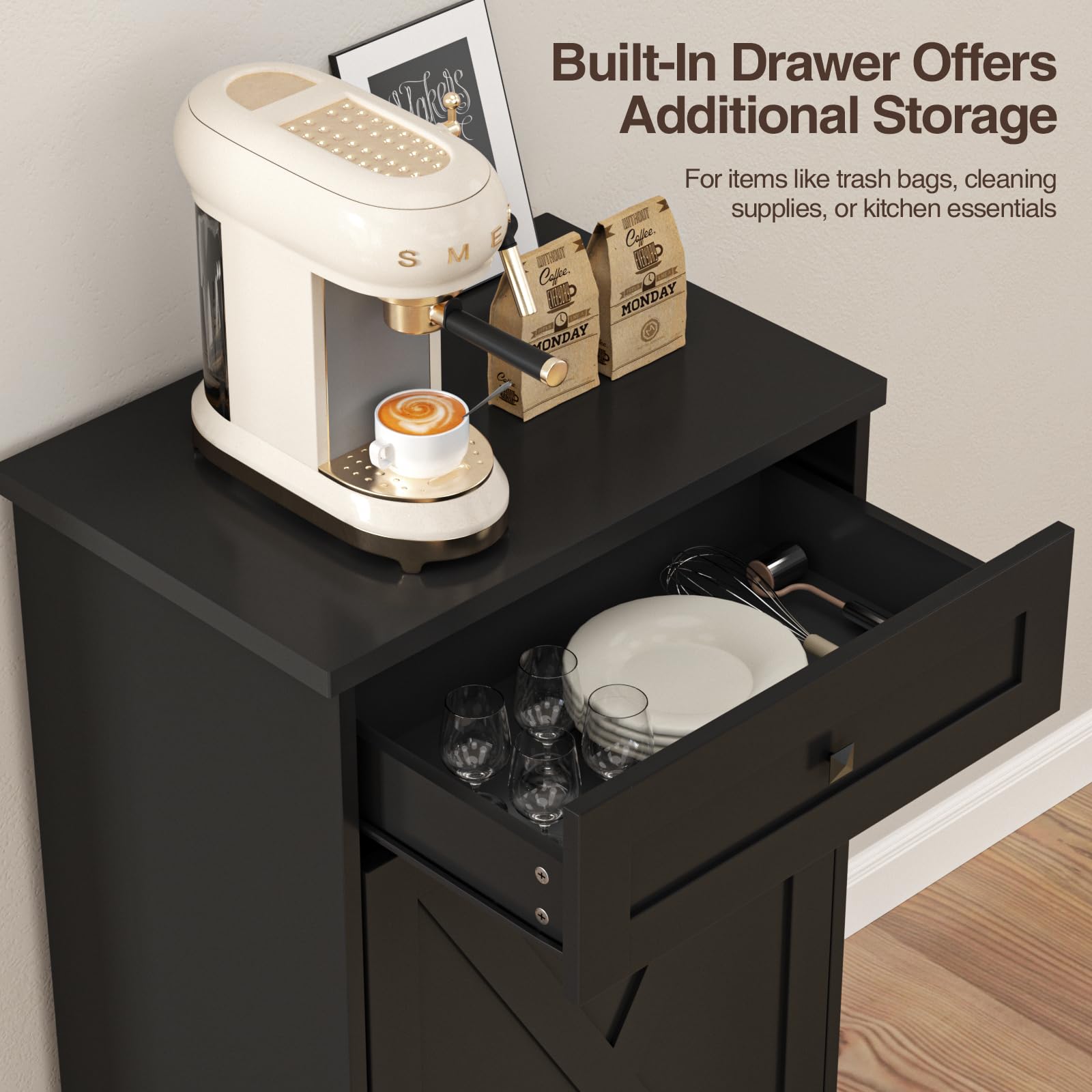 Tilt Out Trash Cabinet, Farmhouse Trash Can Cabinet W/Negative Ion, Dog Proof 10 Gallon Garbage Can Cabinet For Kitchen, Bathroo