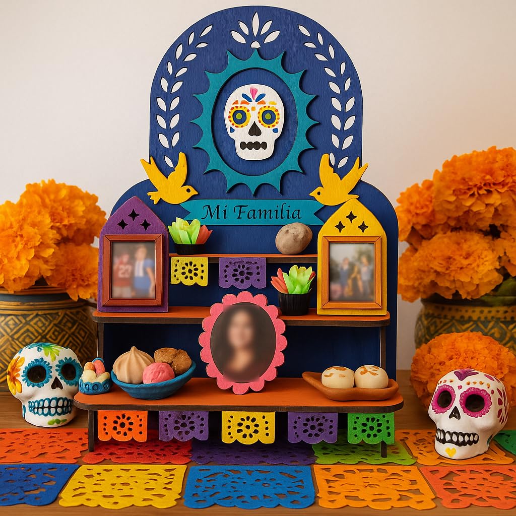 3-Tier Dia De Los Muertos Altar Ofrenda Kit, Wooden Solecito Day of The Dead Altar, Mini Ofrenda Shadow Box for Dia De Los Muert