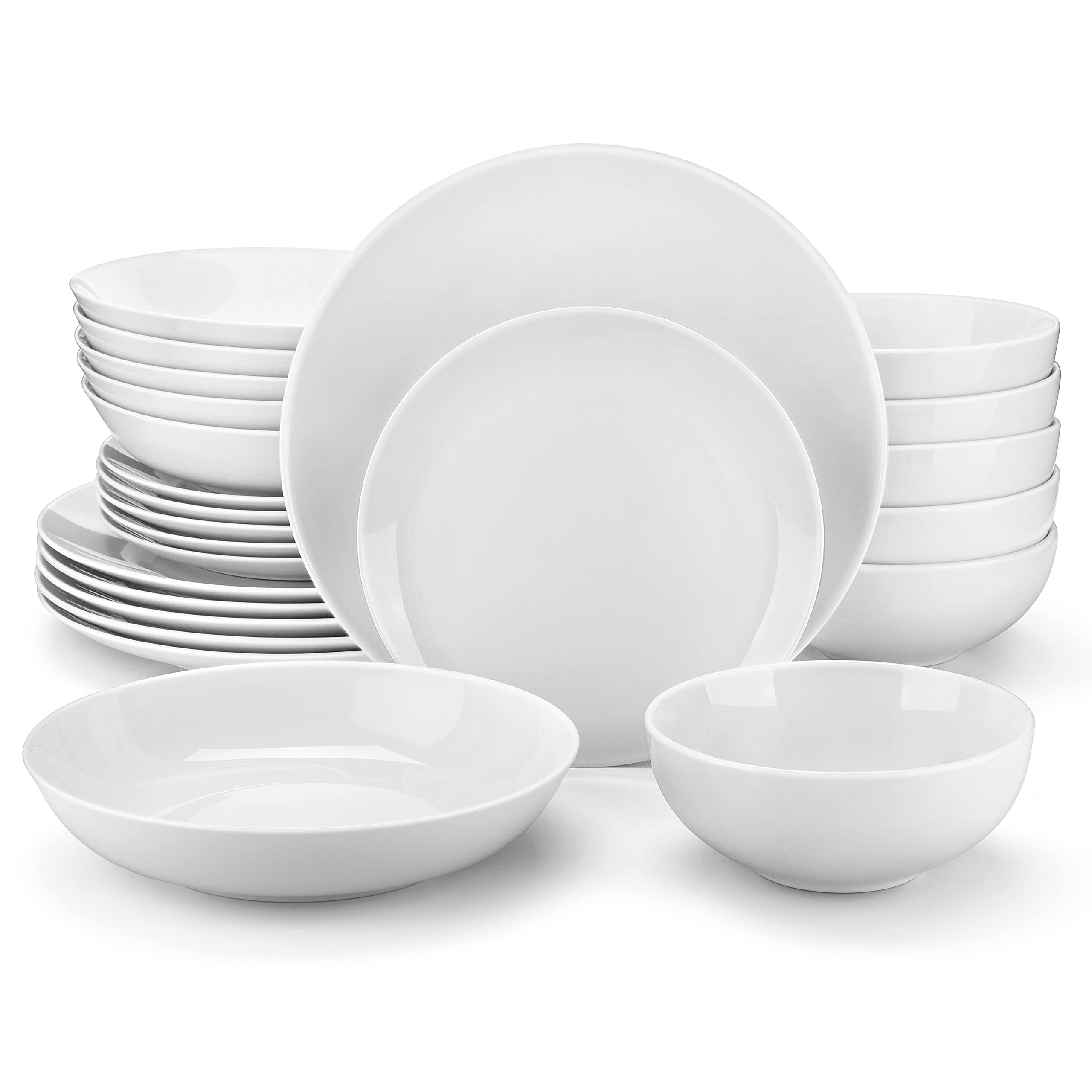 MALACASA 24-Piece Gourmet Porcelain Dinnerware Sets, Modern White Round Dish Set for 6 - Premium Serving Plates and Bowls Sets f