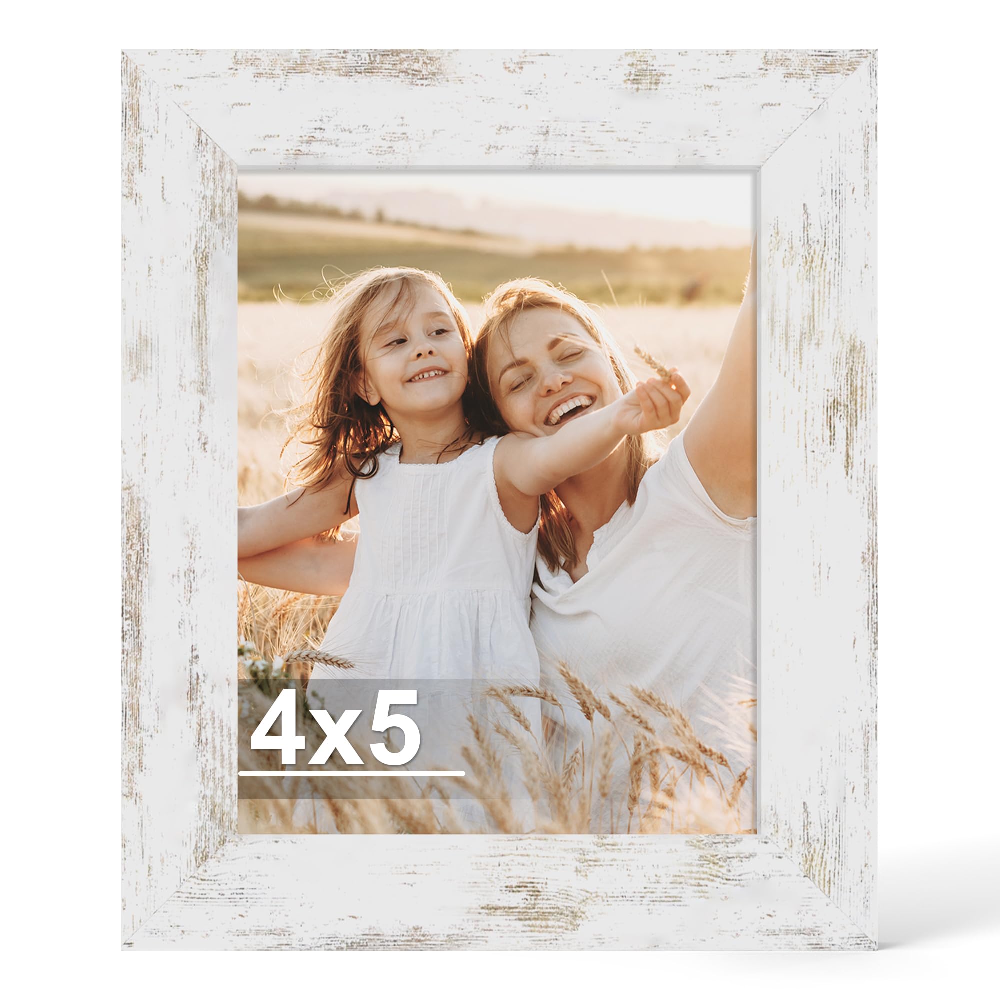 Hongkee 4x5 Picture Frame, Made of Real Glass and Wooden Frame, Horizontal and Vertical Display for Wall or Tabletop (Distressed
