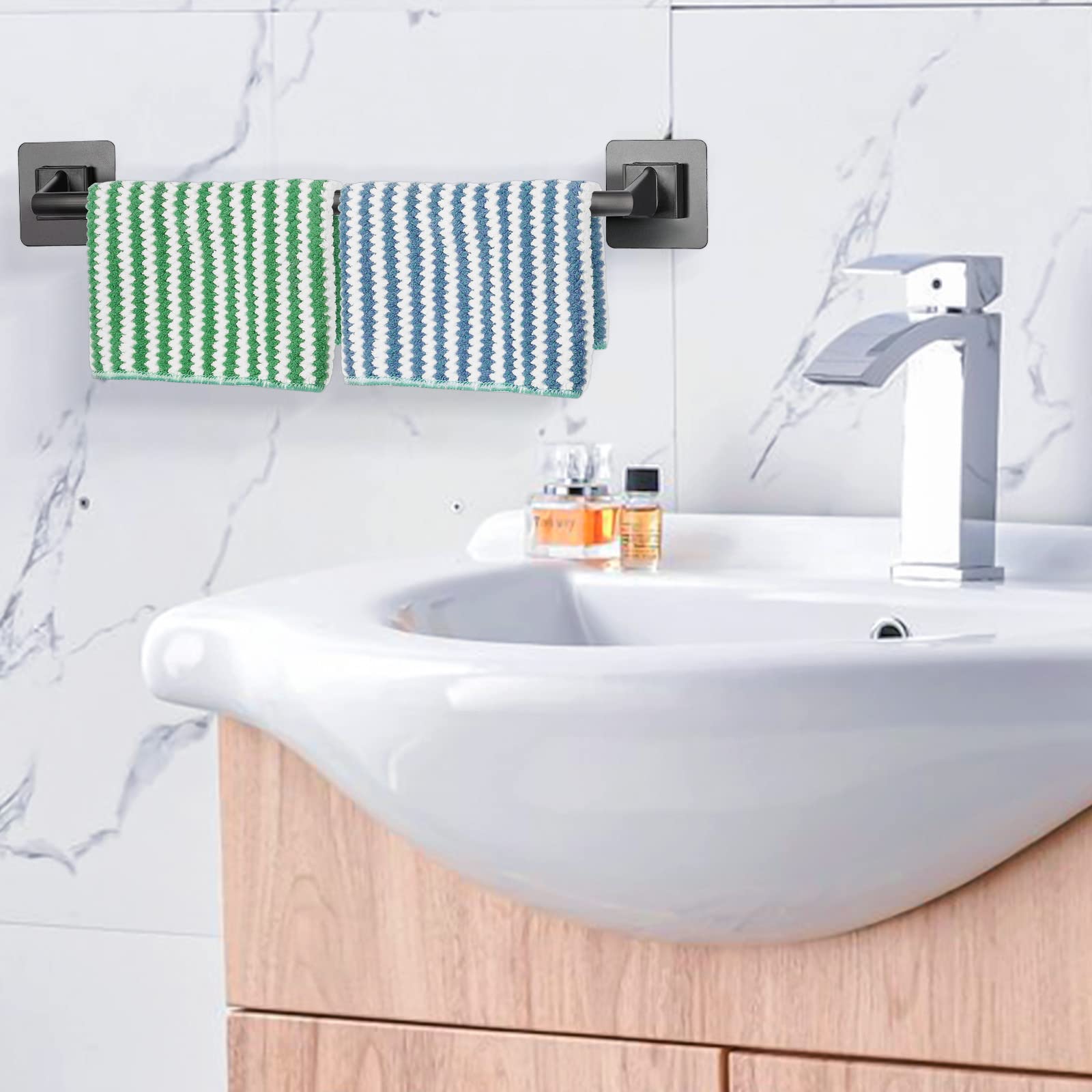 Liitrton Self Adhesive Towel Bar No Drill Hand Towel Hanger For Bathroom And Kitchen Towel Storage Self (L, Black)