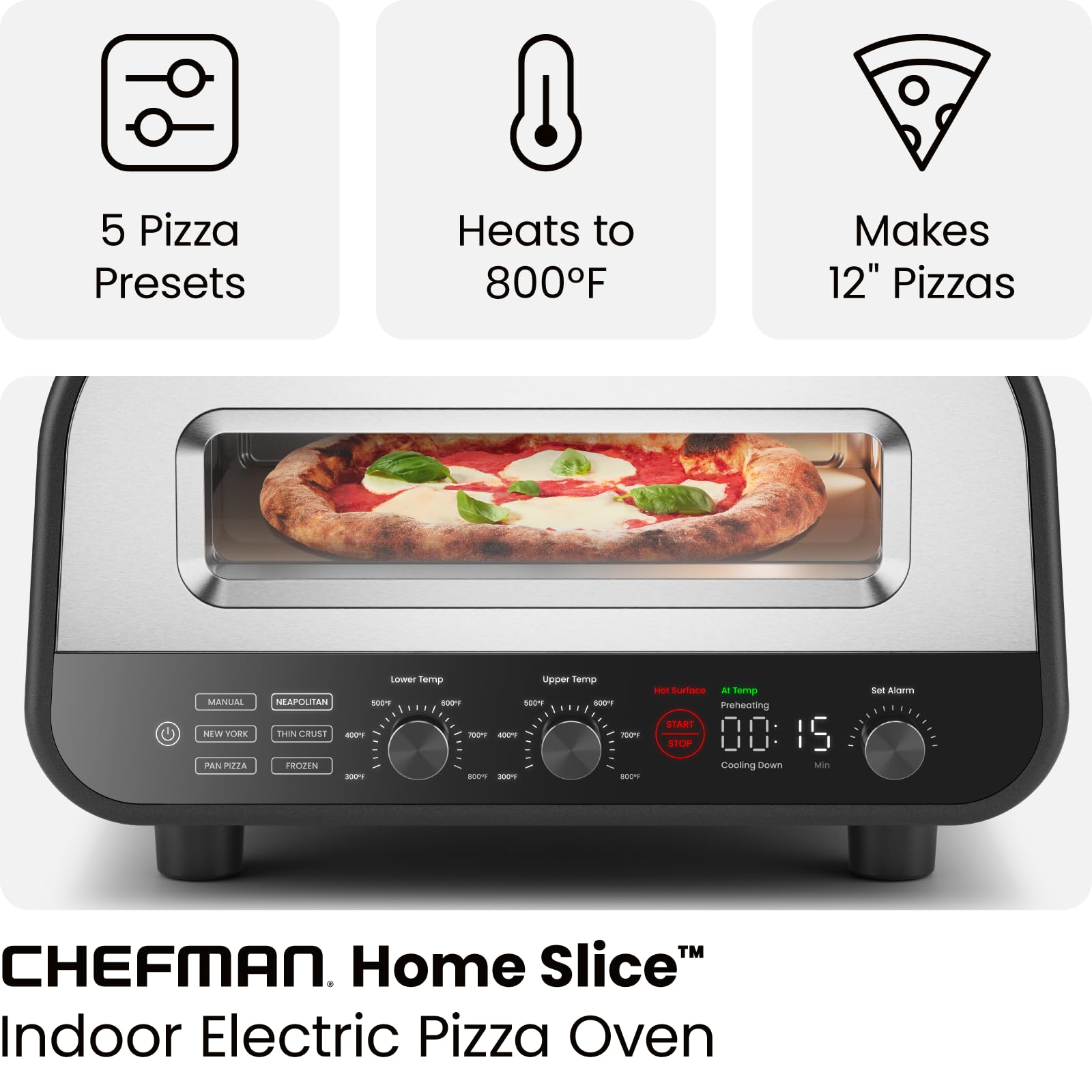 Chefman Indoor Pizza Oven - Makes 12 Inch Pizzas In Minutes, Heats Up To 800F - Countertop Electric Pizza Maker With 5 Touchscre