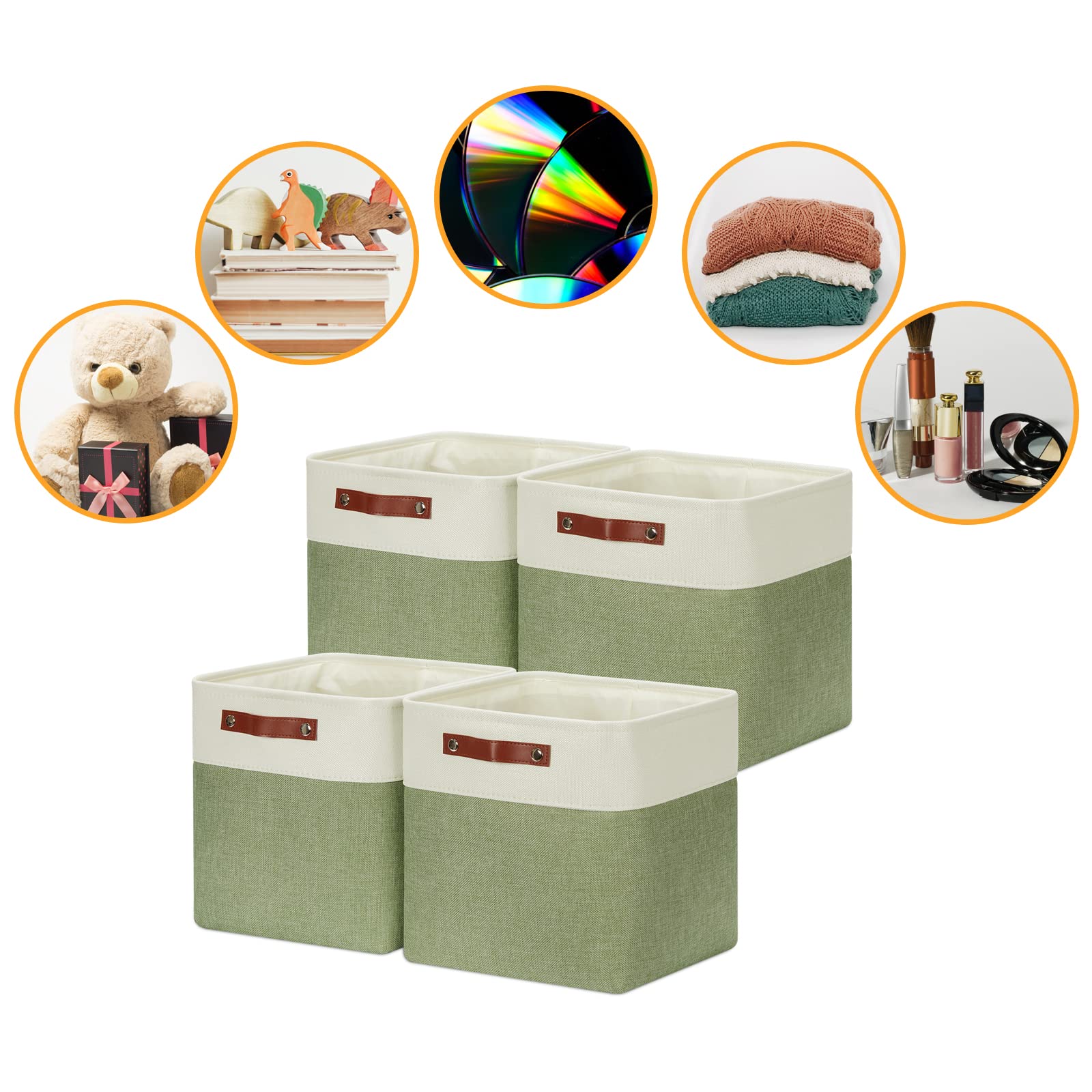 DULLEMELO Storage Basket  Linen Closet Organizers and Storage Baskets for Home Office  Suitable as Dog Toy Box  Baby Gift Basket  4 Pieces 12x12 Decorative Cube Storage Bins(4 Pack - 12 '' White&Green)