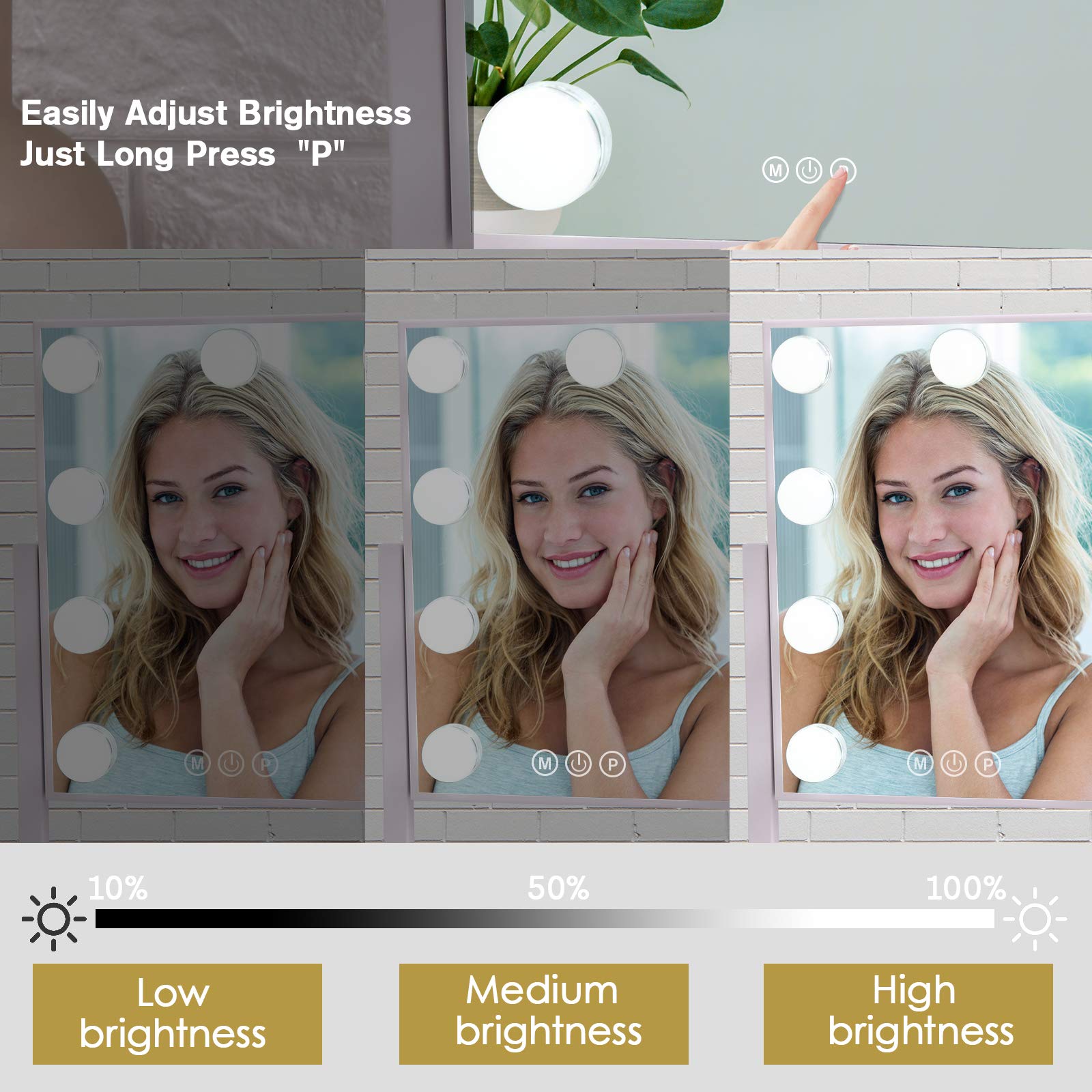 BWLLNI Lighted Makeup Mirror Hollywood Mirror Vanity Mirror with Lights  Touch Control Design 3 Colors Dimable LED Bulbs  Detachable 10X Magnification  360Rotation  White.