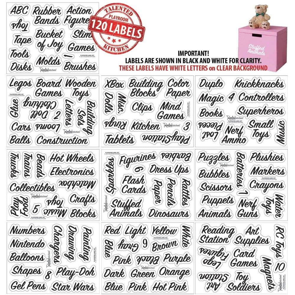 Talented Kitchen Playroom Organization Labels - 120 White Preprinted Stickers For Bins, Containers, Folders, Cubbies - Water Res