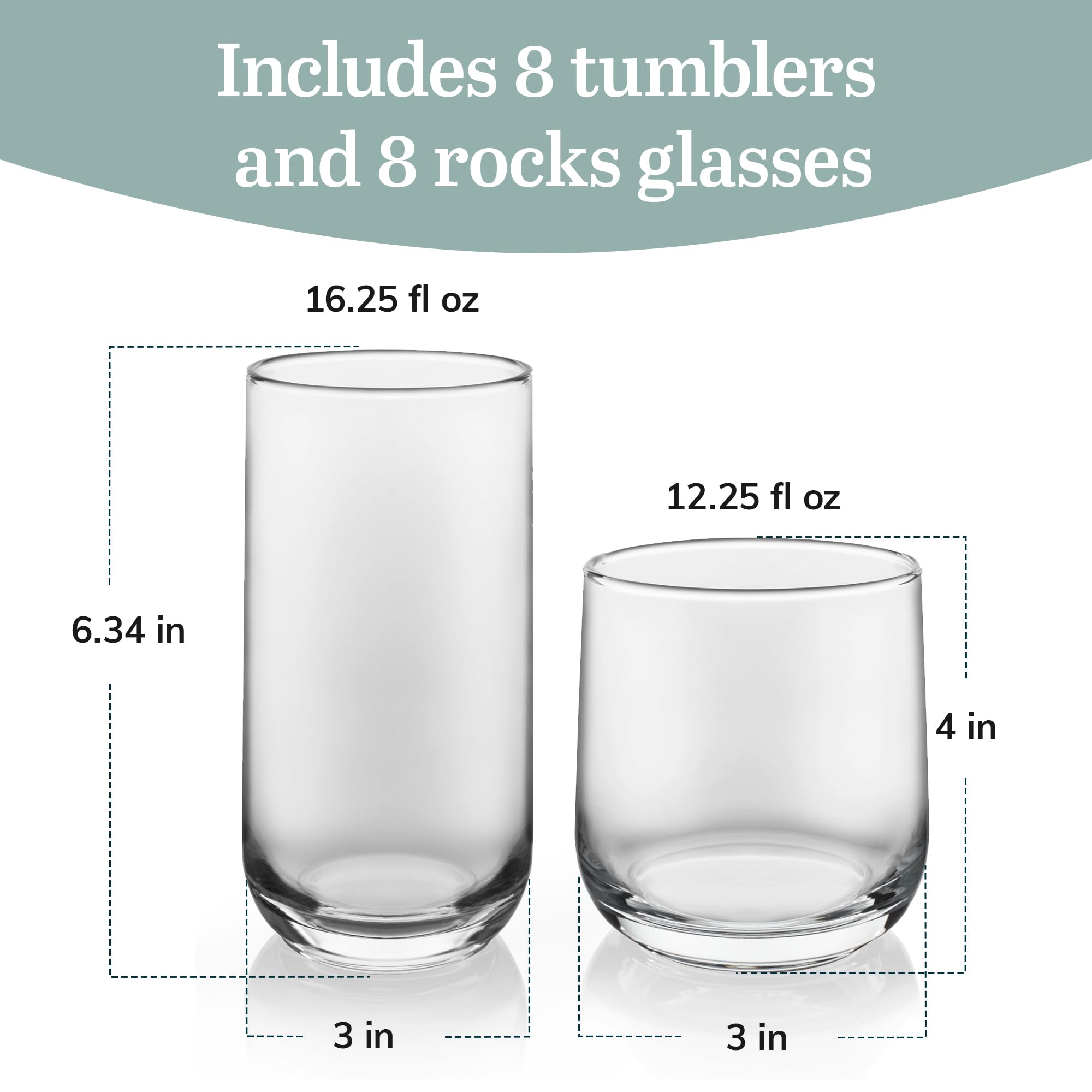 Libbey Ascent Tumbler and Rocks Glass Set, 16 Piece, Durable Glass Drinkware for Parties and Everyday Use