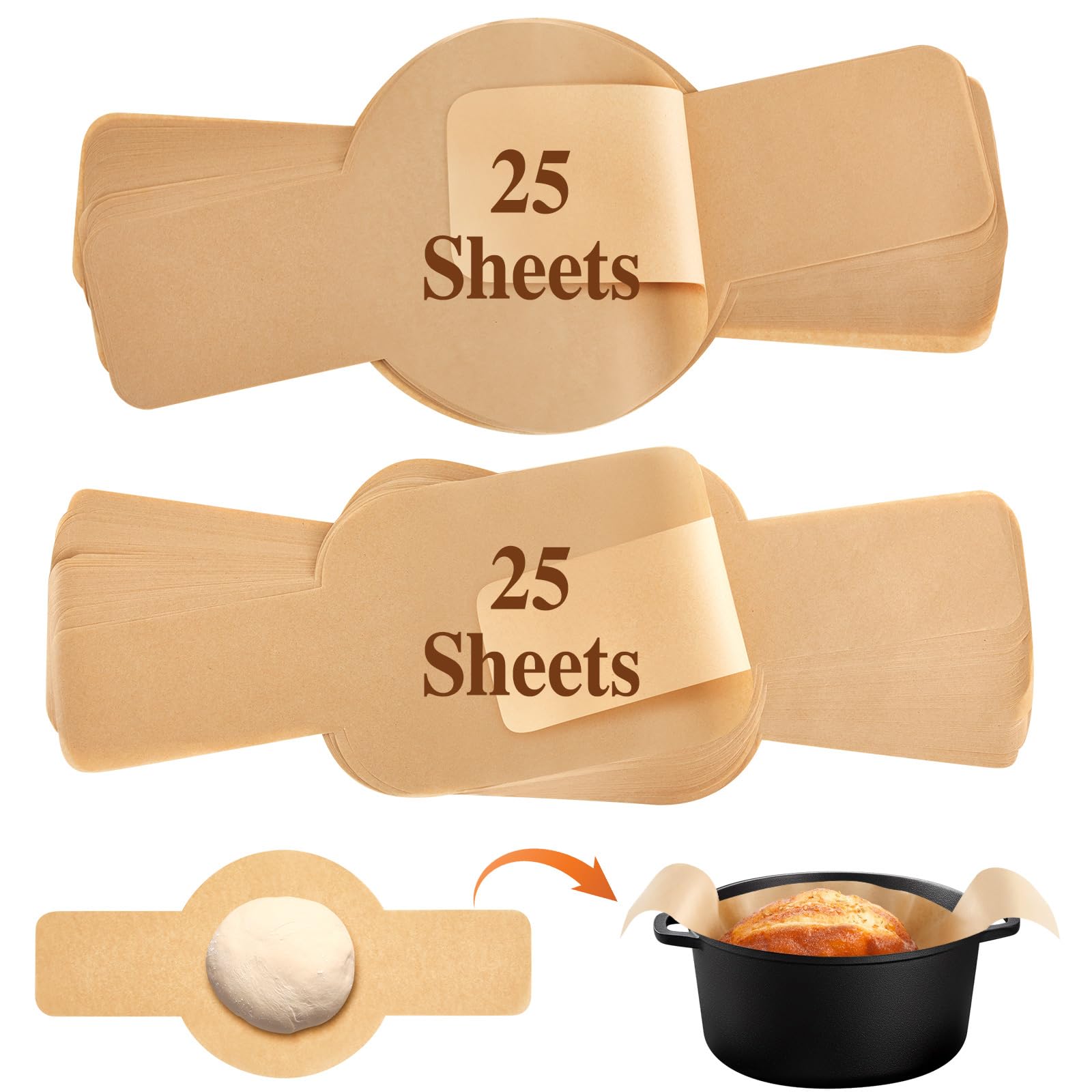 Marspark 50 Pcs Parchment Paper for Sourdough Baking, Bread Sling - Dutch Oven Liner, Pre-Cut Parchment Baking Supplies for Easy