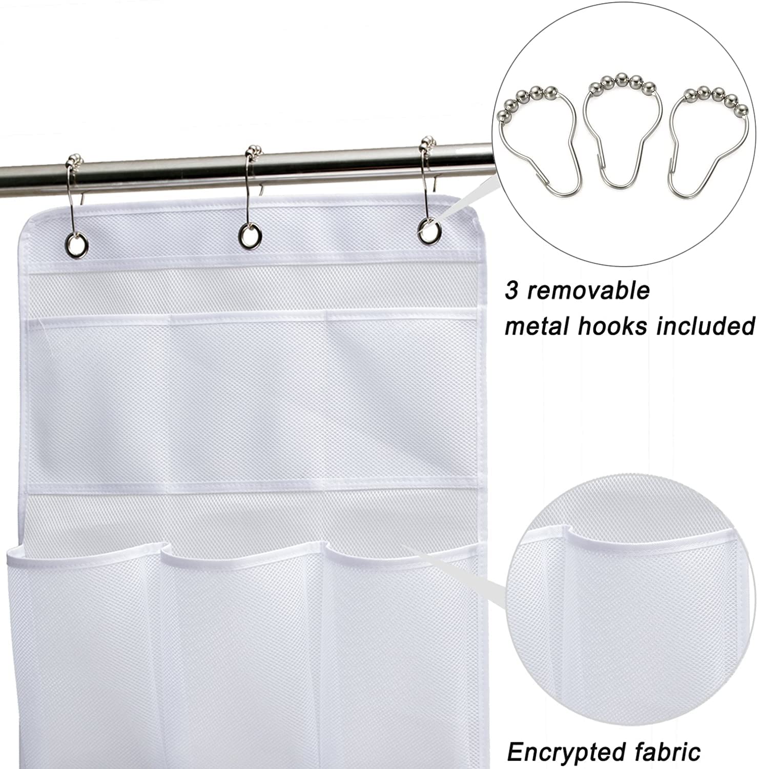 Kimbora Mesh Shower Organizer Hanging Bathroom Caddy 8 Pockets Hang Curtain Rod With 3 Rings