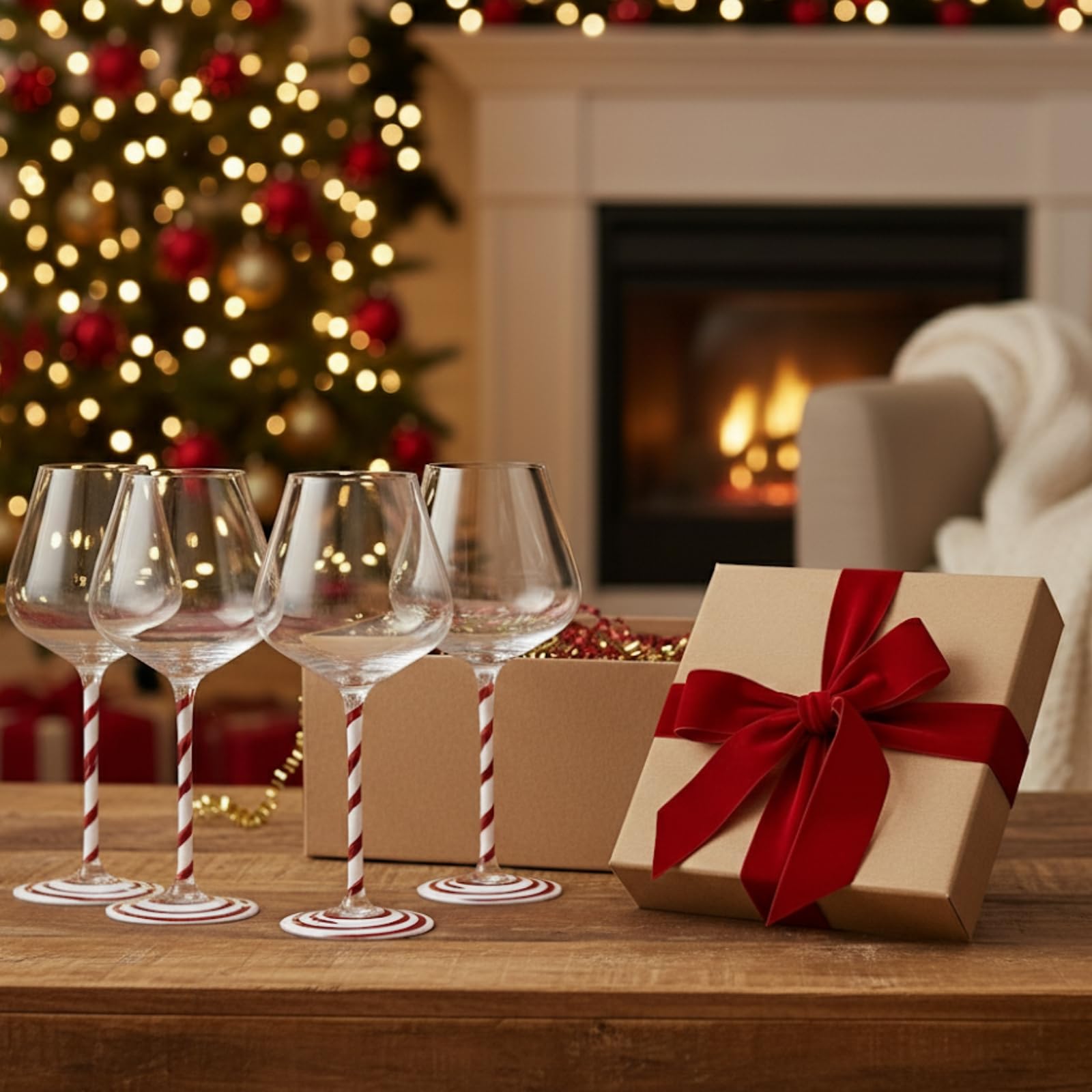 Khen Holiday Candy Cane Wine Glasses Set of 2 Santa Red White Striped