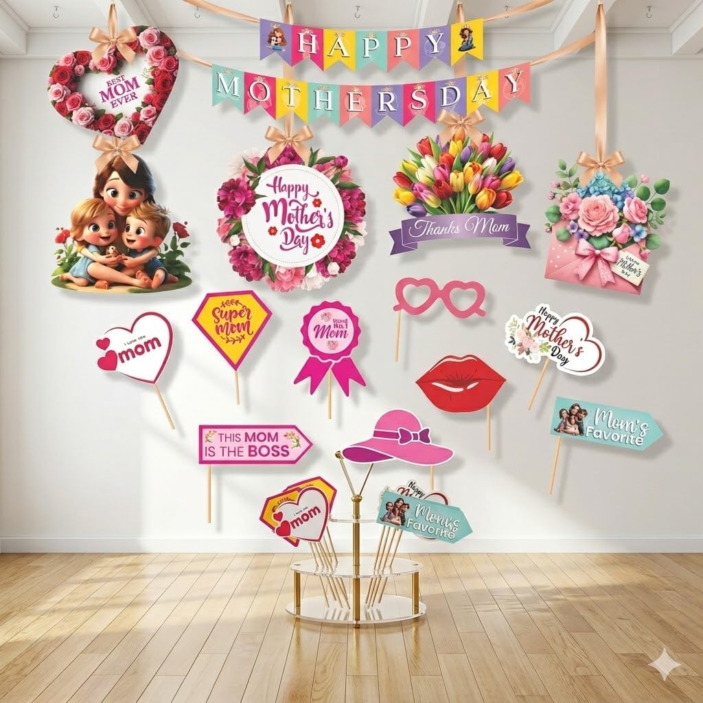 Happy Mothers Day Decoration Kit with Banner, Photo Props, Wall Cutouts, Multicolour Party Supplies