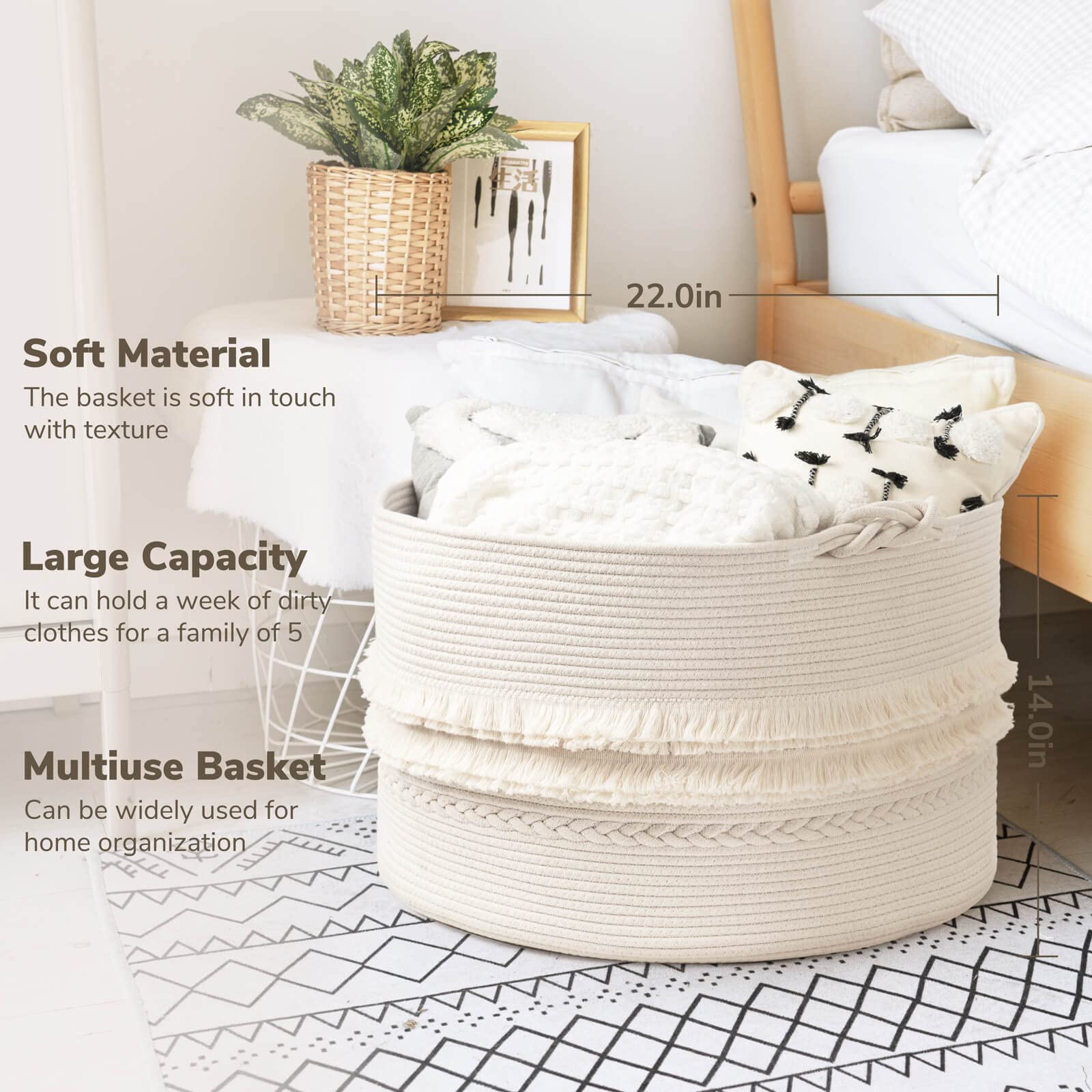 Cherrynow Large White Woven Storage Basket, Boho Decorative Basket For Home Decor, Towel Basket For Bathroom, Bedroom, Living Ro