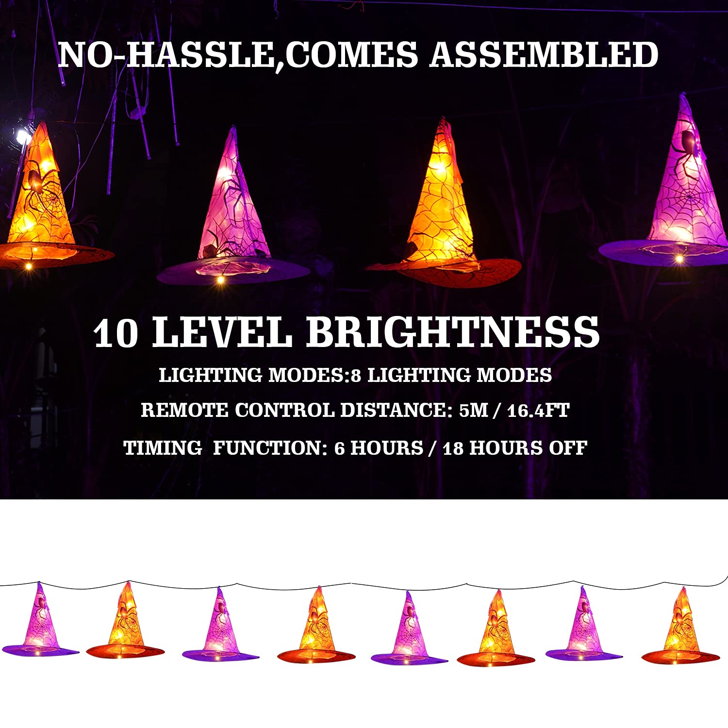 FUNPENY Halloween Decoration Lights, 8 PCS Waterproof Hanging Witch Hat with String Lights with Remote, Hanging Halloween Decora