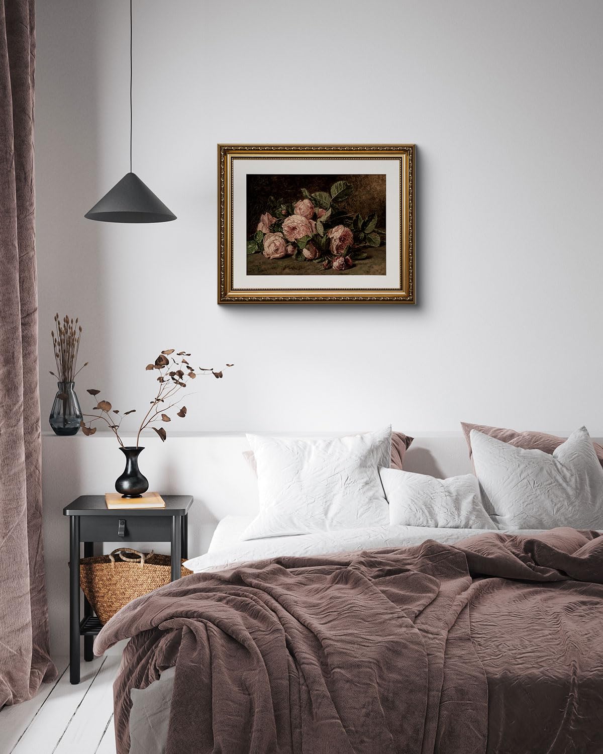 Arpeotcy Still Life Gold Framed Wall Art, Retro Pink Roses Canvas Prints Artwork With Antique Frame, Victorian Wall Paintings De