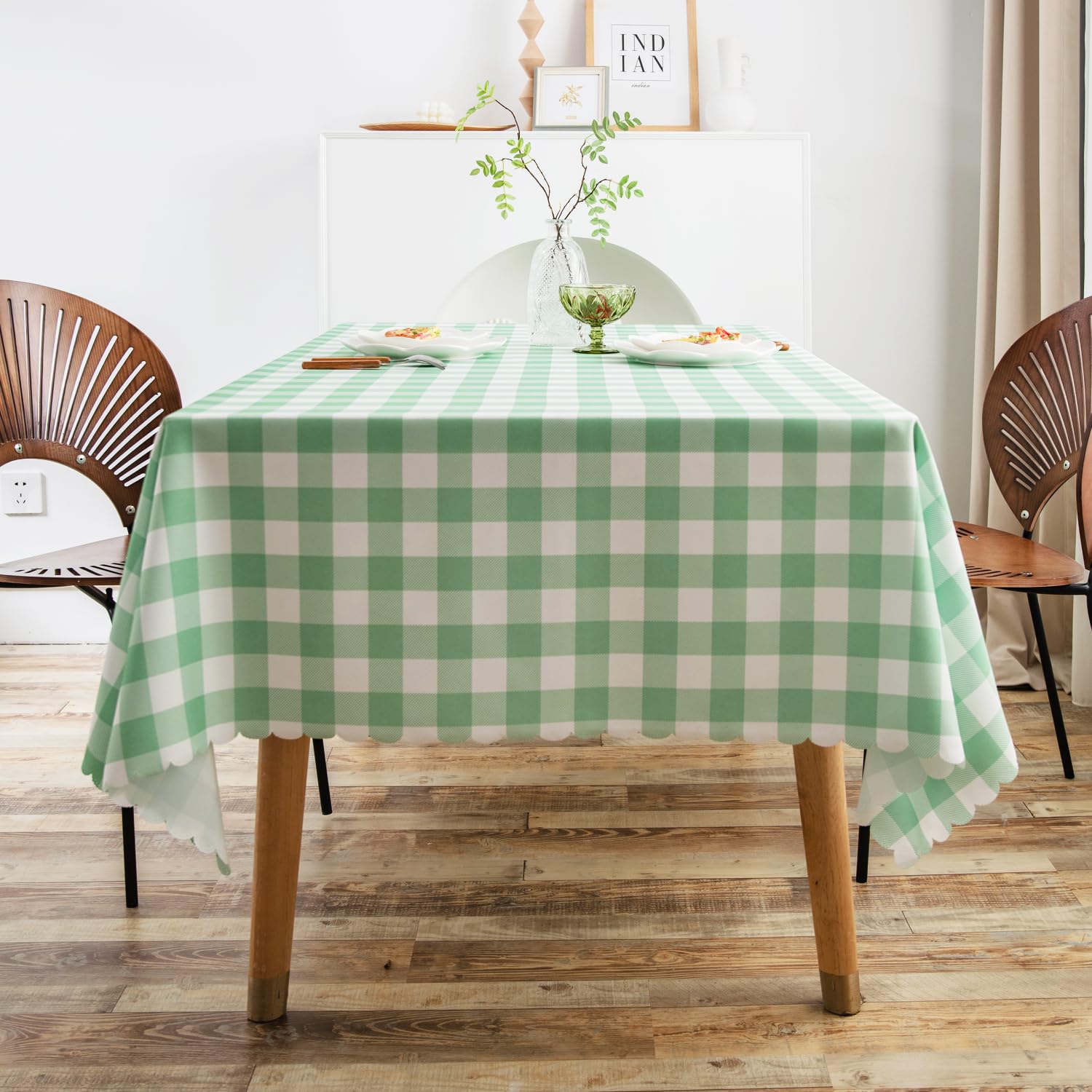 Mangata Casa Green Gingham Tablecloth For Rectangle Tables- Checkered Table Cloth Waterproof Kitchen & Table Linens-Polyester Bu