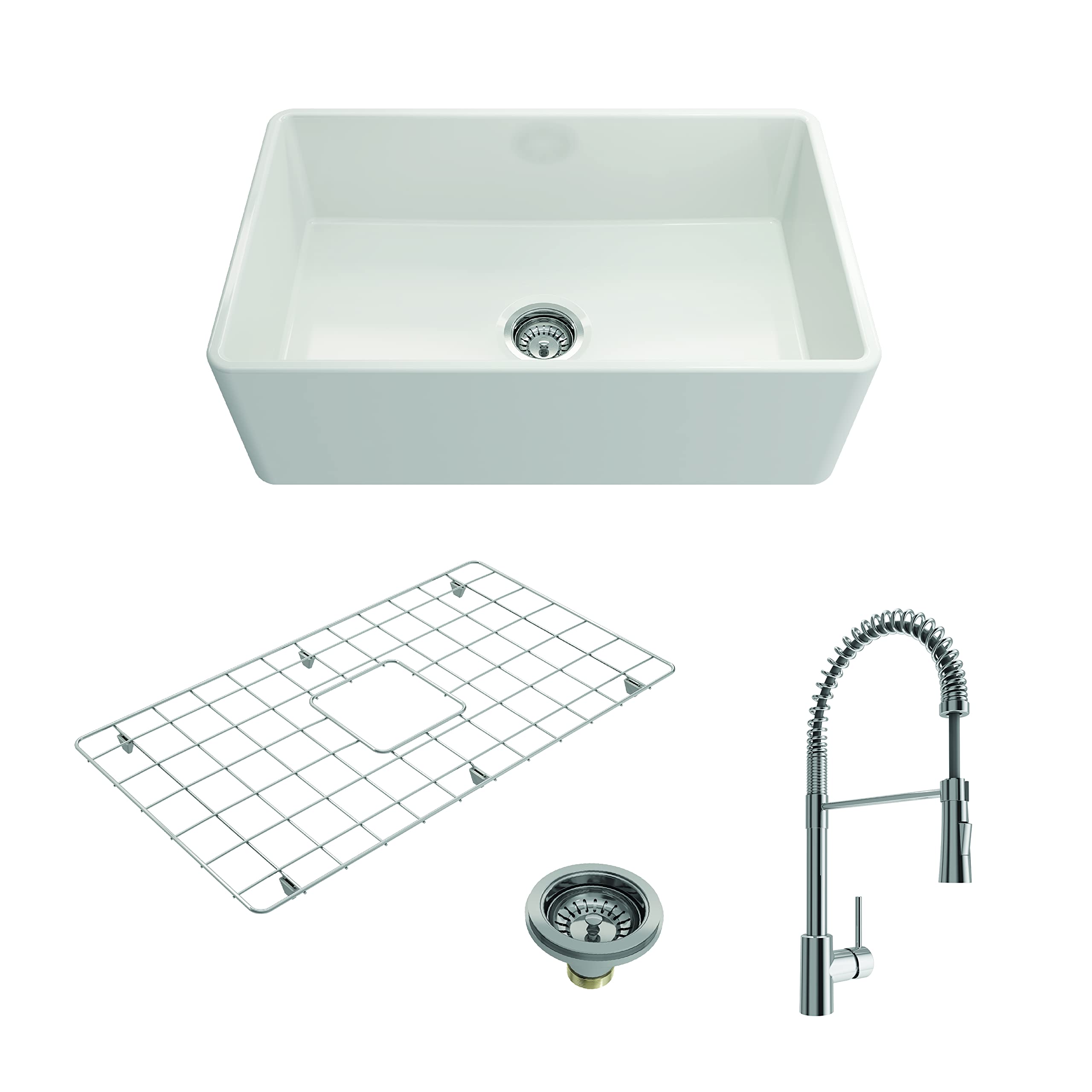 Bocchi Classico White Apron Front Fireclay 30 In. Single Bowl Kitchen Sink With Protective Bottom Grid, Strainer, And Chrome Fau