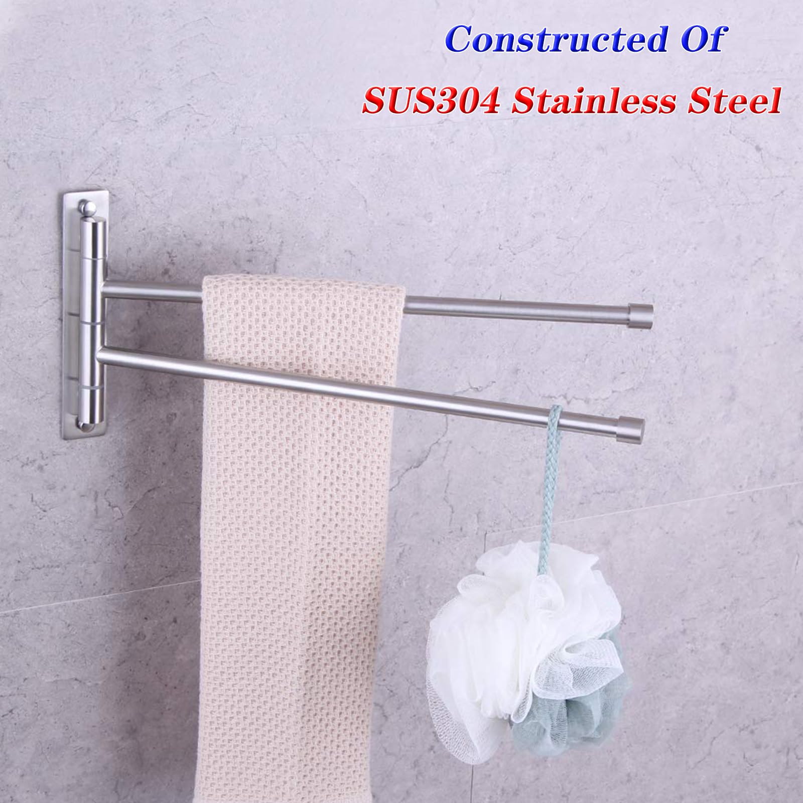 GERZWY Bathroom Swing Arm Towel Bars 2-Arm Wall Mount Stainless Steel Bath Towel Rack Hanger Towel Holder Organizer Brushed Finish