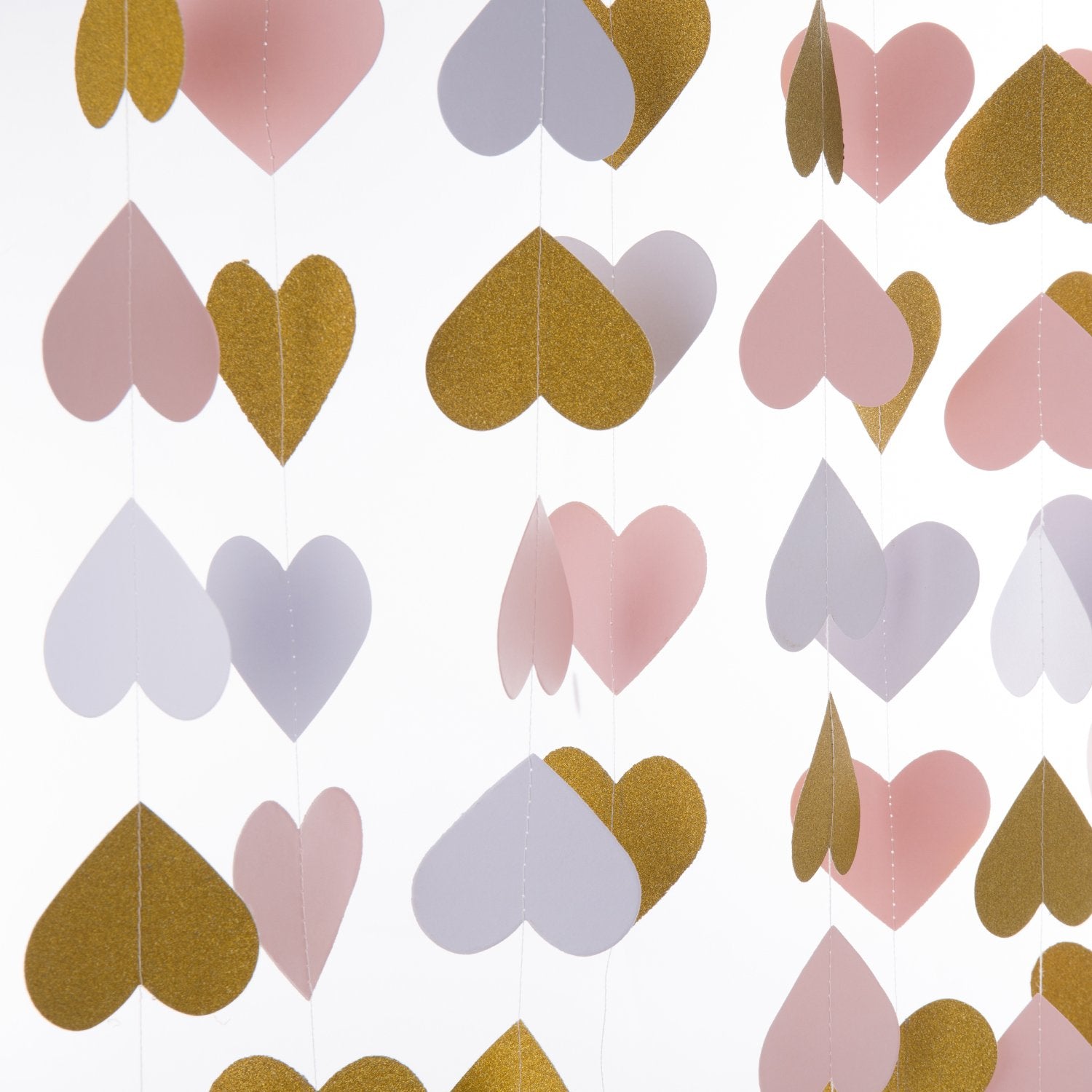 Mowo Heart Paper Garland Circle Chain Hanging Decor 10Ft (Glitter Gold,Pink,White, 2Pc)