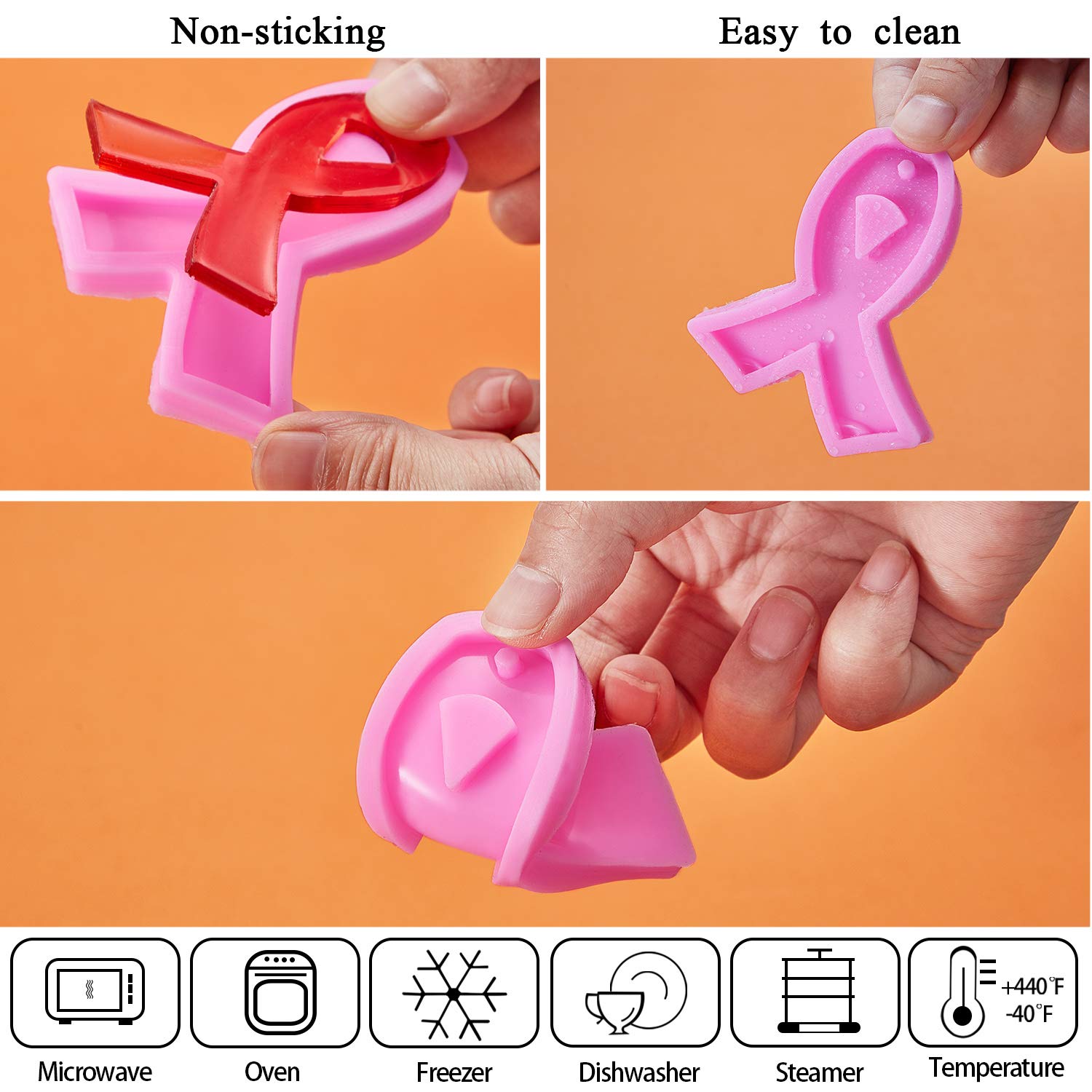 6 Pieces Ribbon Silicone Mold Awareness Ribbon Silicone Mold With Hole And 10 Pieces Keyrings For Diy Chocolate, Cake, Pudding,