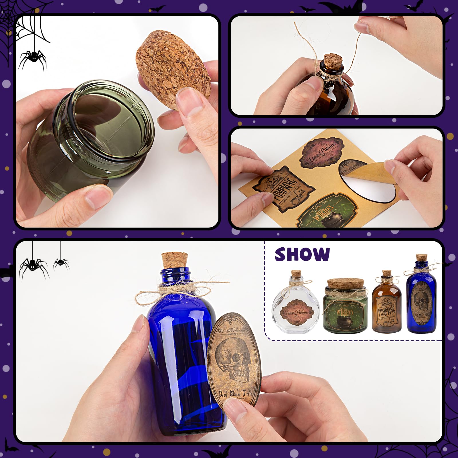 HOHUCRAB Potion Bottles Halloween Decoration, Set of 4 Glass Potion Bottles with Corks and 10 Halloween Bottle labels, Halloween