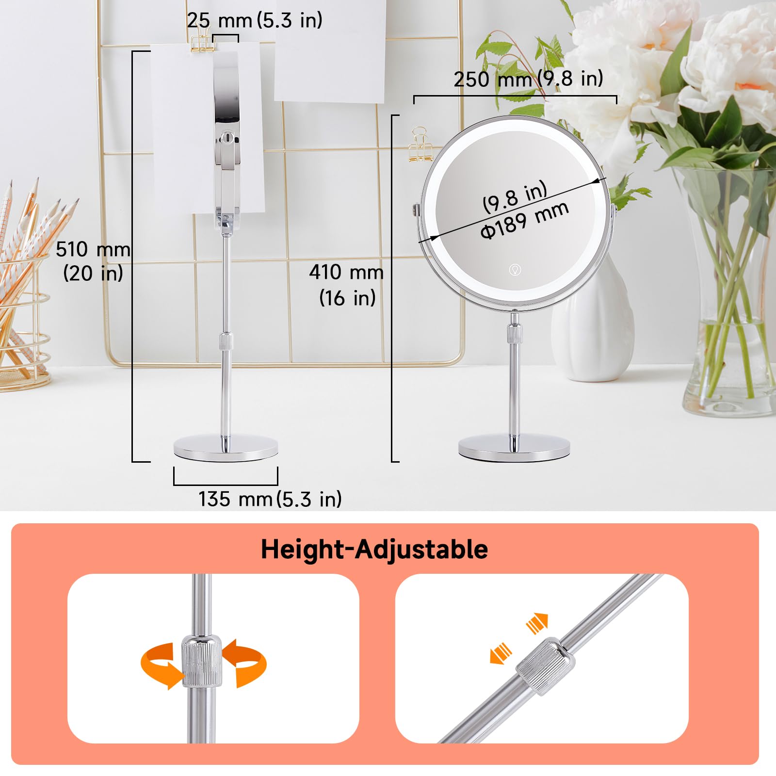 10X Lighted Makeup Mirror, Vanity Mirror With Lights,Rechargeable 9'' Height Adjustable Vanity Mirror, 1X/10X Magnifying Mirror