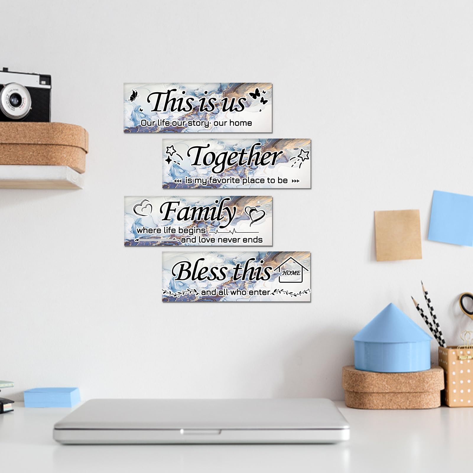 Lnond 4 Pieces Blue White Gold Marble Living Room Wall Decor, Motivational Home Family Rustic Wall Art Decor for Bedroom Living