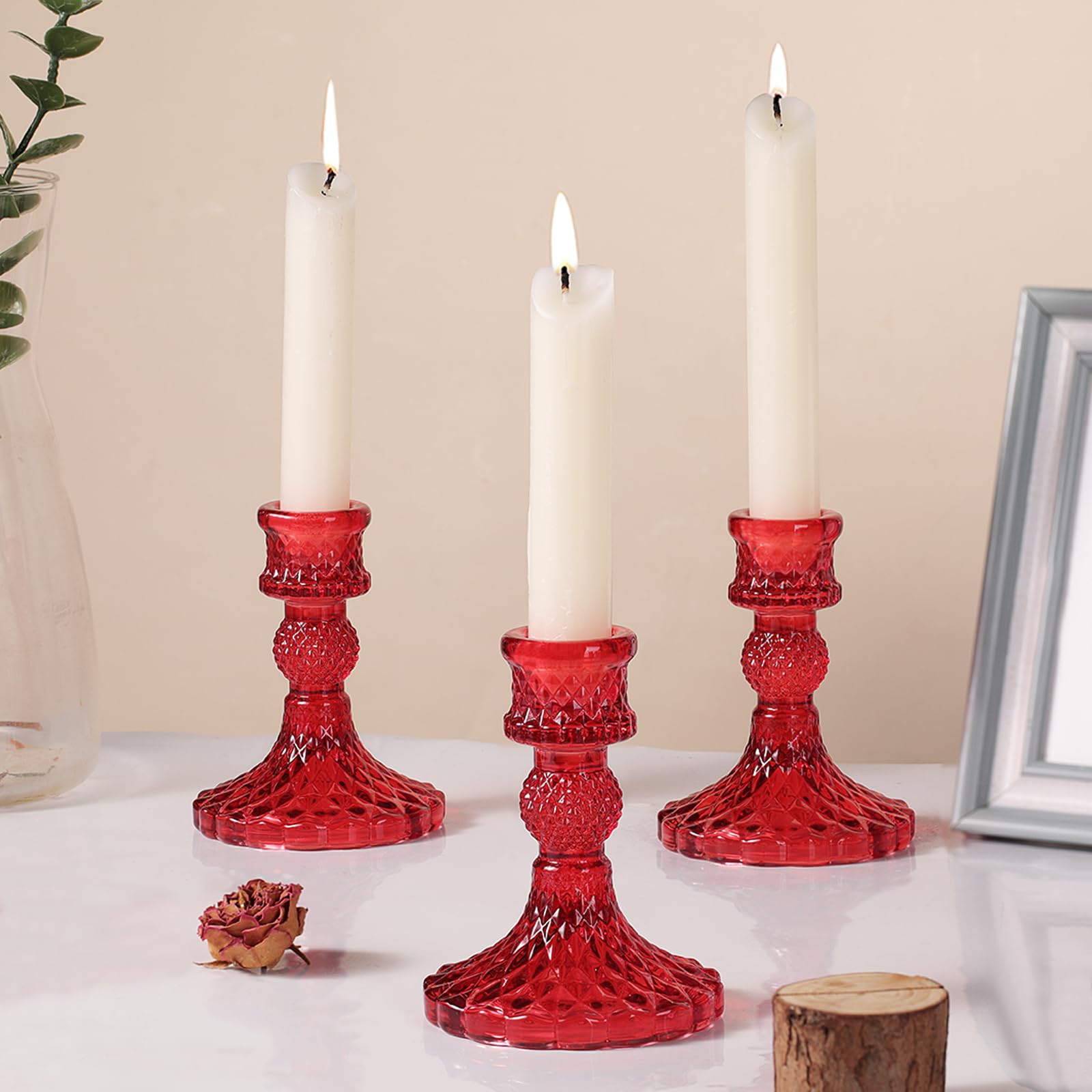 12Pcs Red Candlestick Holders Set- 4 H Taper Candle Holders Bulk, Glass Candle Holders for Activities, Party, Romantic Dinner Ta