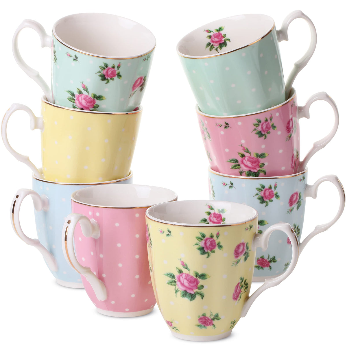 BTaT- Royal Coffee Mugs, 12 oz, Set of 8, Floral Mugs, Porcelain Bone China, Tea Mug, Coffee Mug Set, Large Coffee Mugs, Coffee